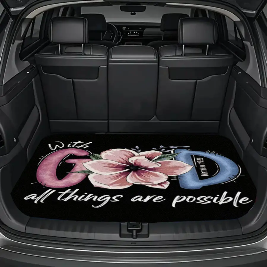 1pc "With God" Printed Floral Text Car Trunk Mat, Durable Interior Protection Trunk Liner, Secure Cargo Storage Vehicle Accessory for Daily Travel, Valentine’s Day Gift Option