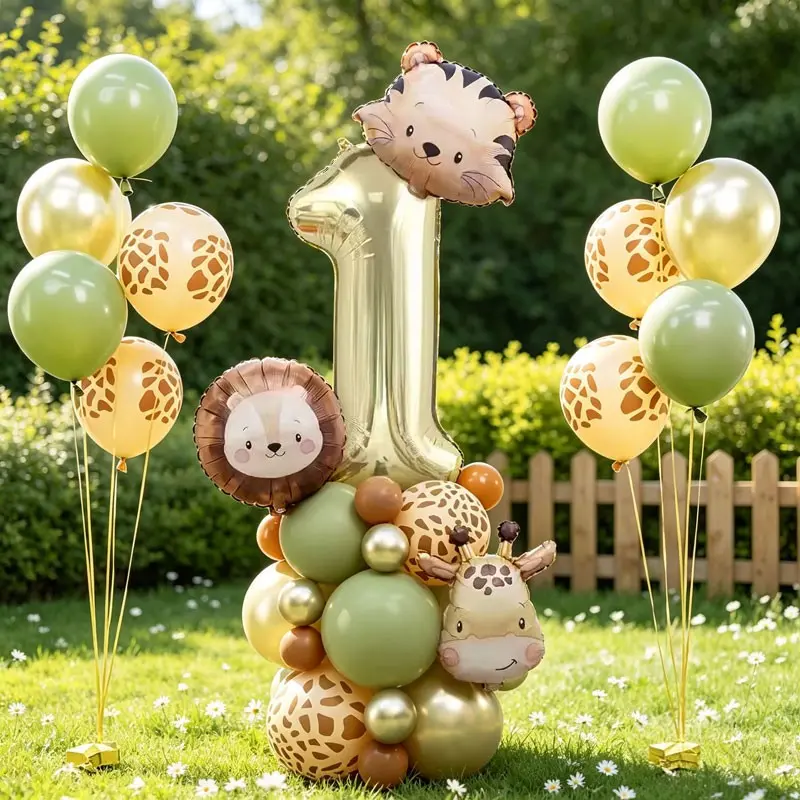 40-Piece Jungle Animal Theme Balloon Set, Includes 32-Inch Platinum Color Number Balloons, Three animal heads: tiger, lion, giraffe，Suitable for outdoor lawn birthday parties，Children's Forest-Themed Picnic Party，Kindergarten Animal-Themed Activity