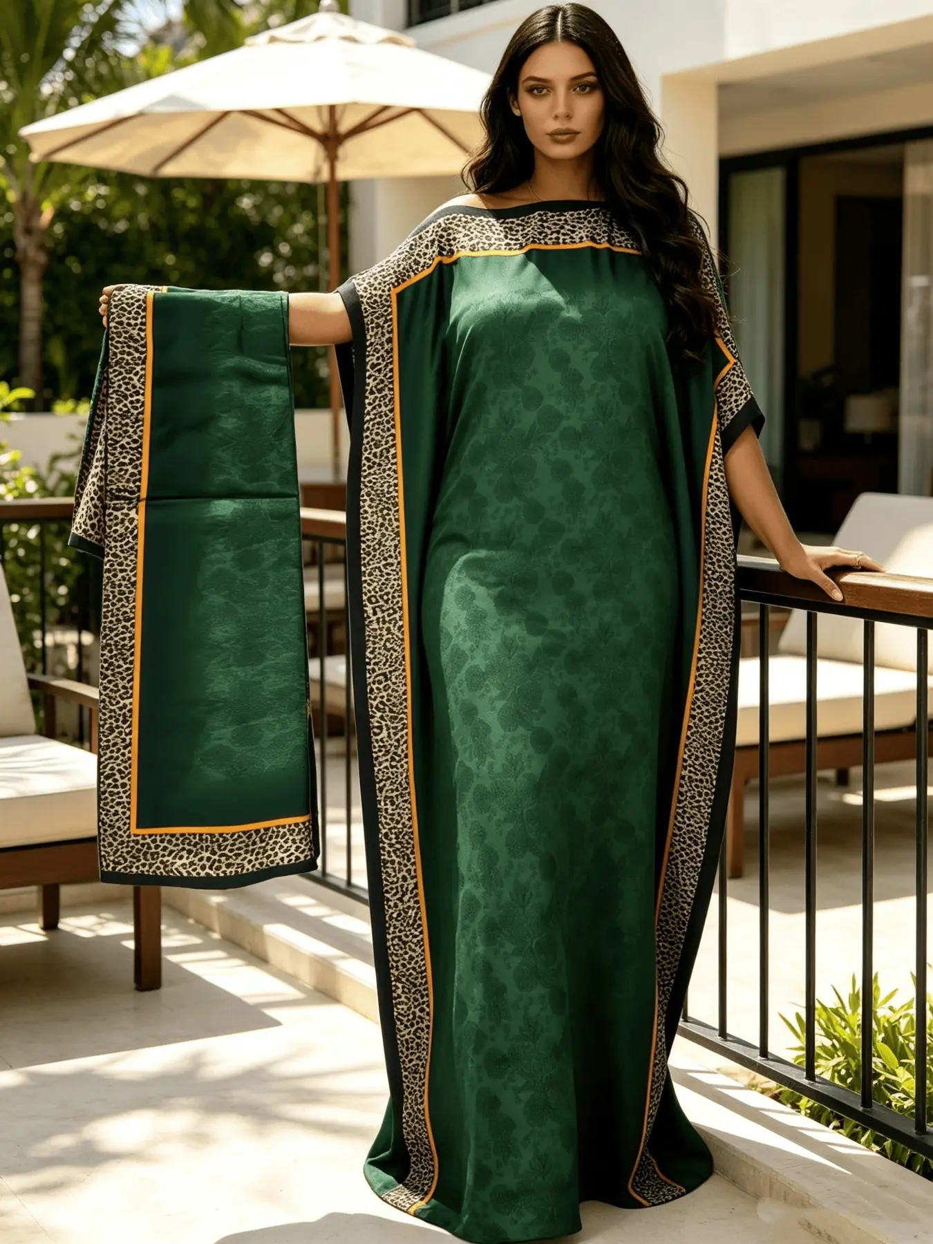 Plus Size Luxury Hot Fix Rhinestone Border Solid Dark Green Jacquard Print Kaftan Two Piece Set, Kaftan Style Dresses, Oversized Flowy Split Maxi Dress, Soft Light Glam Resort Wear Pool Gala Evening Party Outfit With Matching Printed Scarf For Women