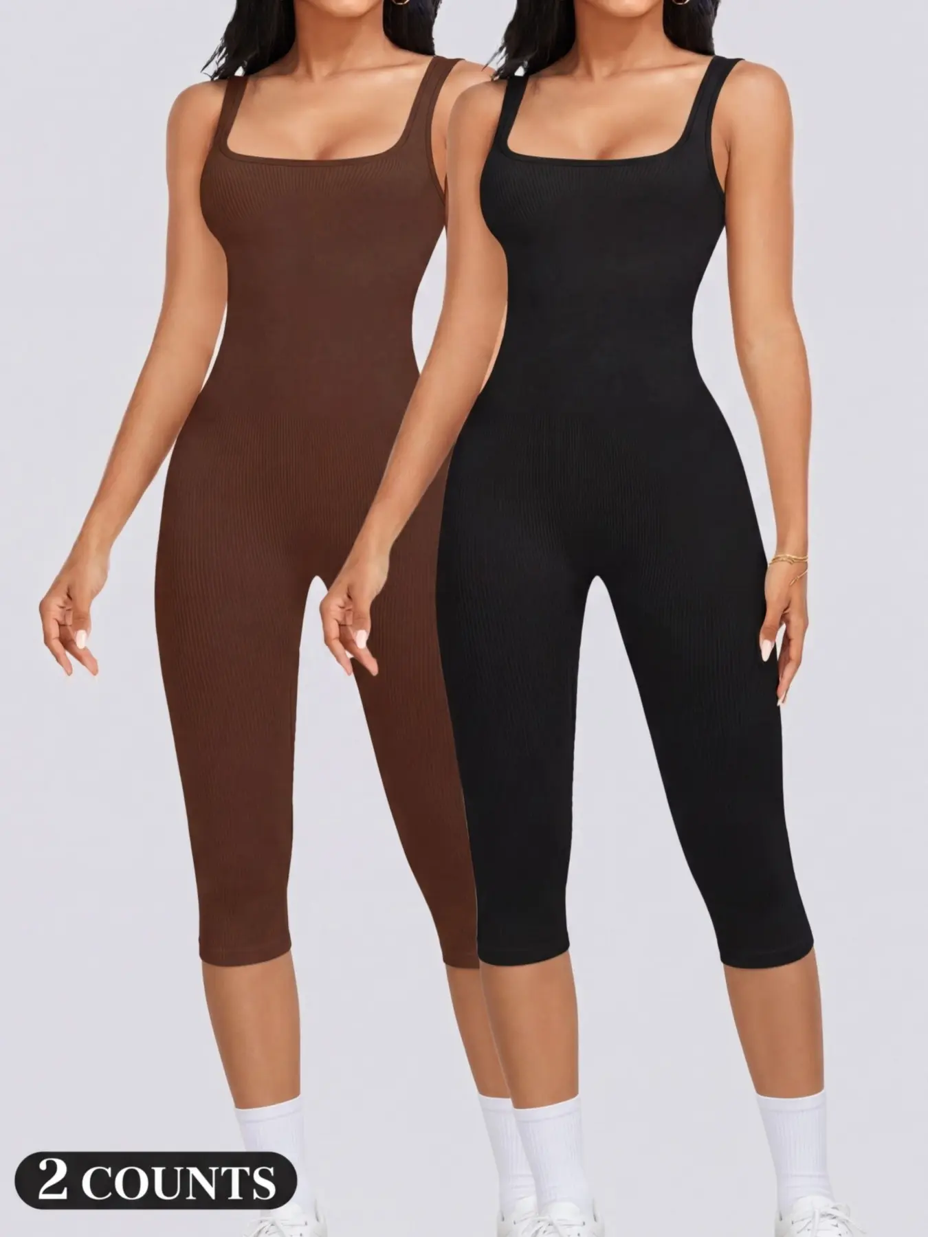 1/2PCS Women's Yoga Capri Stretch Activewear Stretchy Jumpsuit Square Neck Backless Tummy Control Butt Lifting, Workout Shorts Romper Seamless Ribbed Sleeveless Unitard for Gym Sports