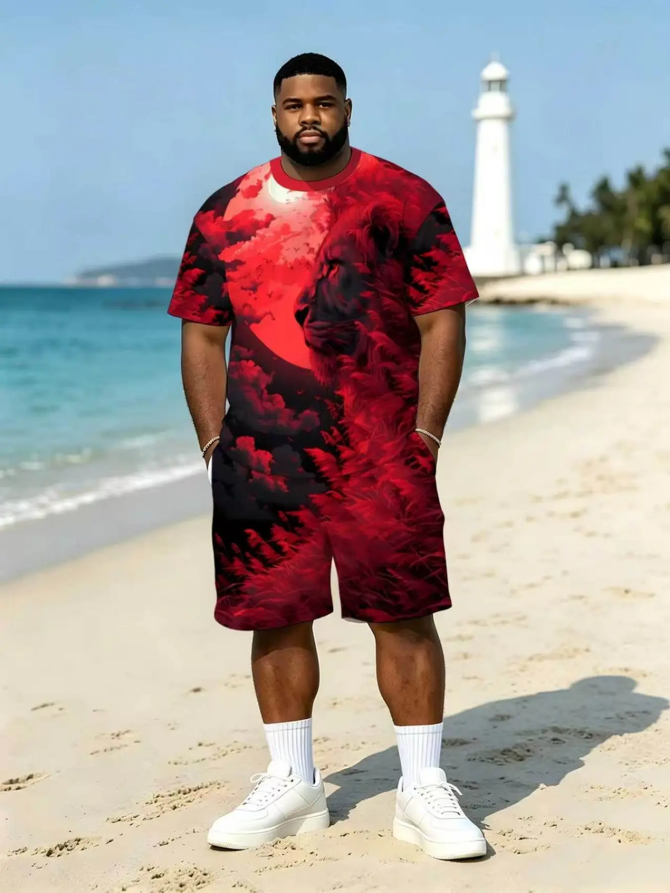 Men's Lion Head Avatar Two-Piece Set, Short Sleeve T-Shirt and Casual Shorts, Loose Fit Summer Beach Streetwear, Medium Length Suit