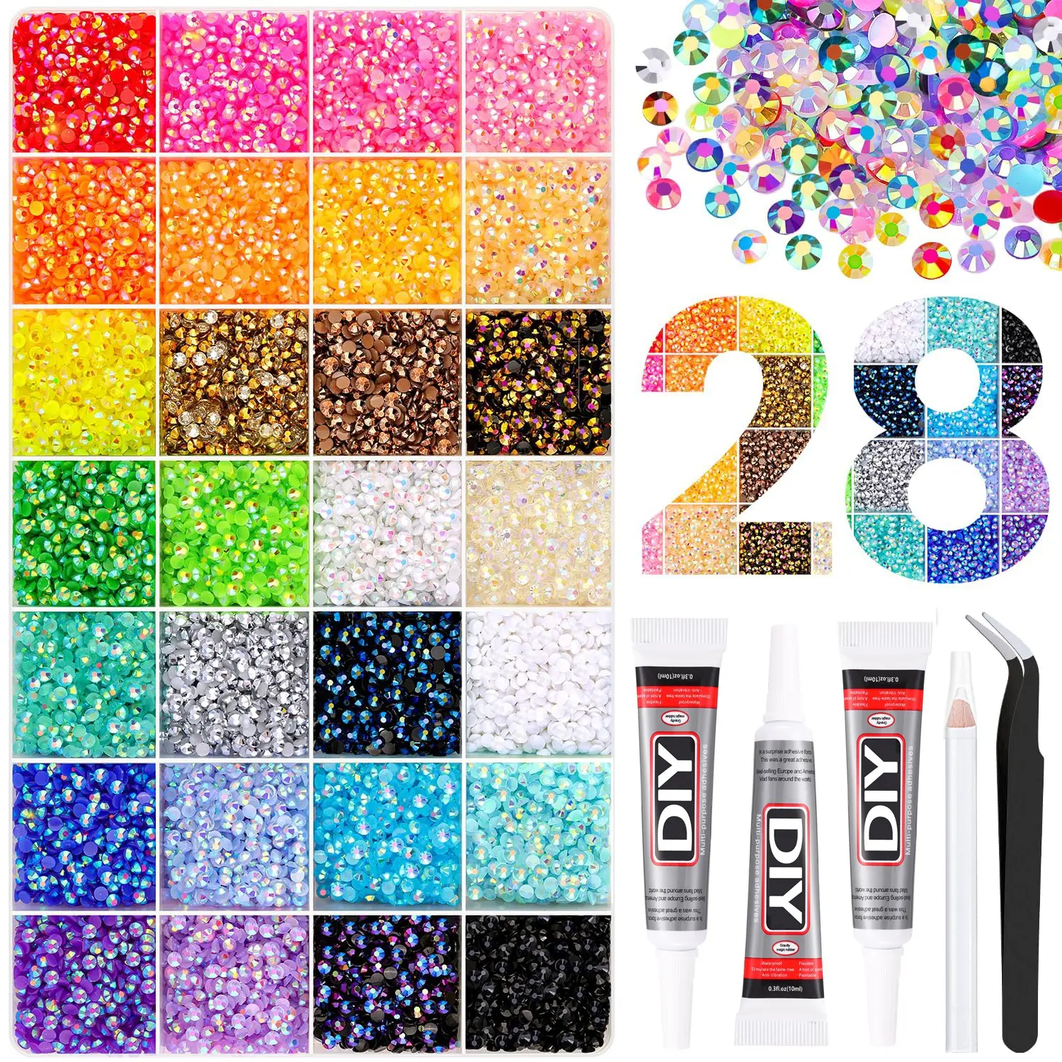 28 Colorful Rhinestone Set with Tools, DIY Nail Art, Phone Case, Clothing, Cup, Shoe Decor, Full Spectrum Sizes and Styles，28 Full Color Rhinestone Complete Set with B7000 Glue & Tools, Flatback Crystal Gems for Manicure & Handmade Crafts
