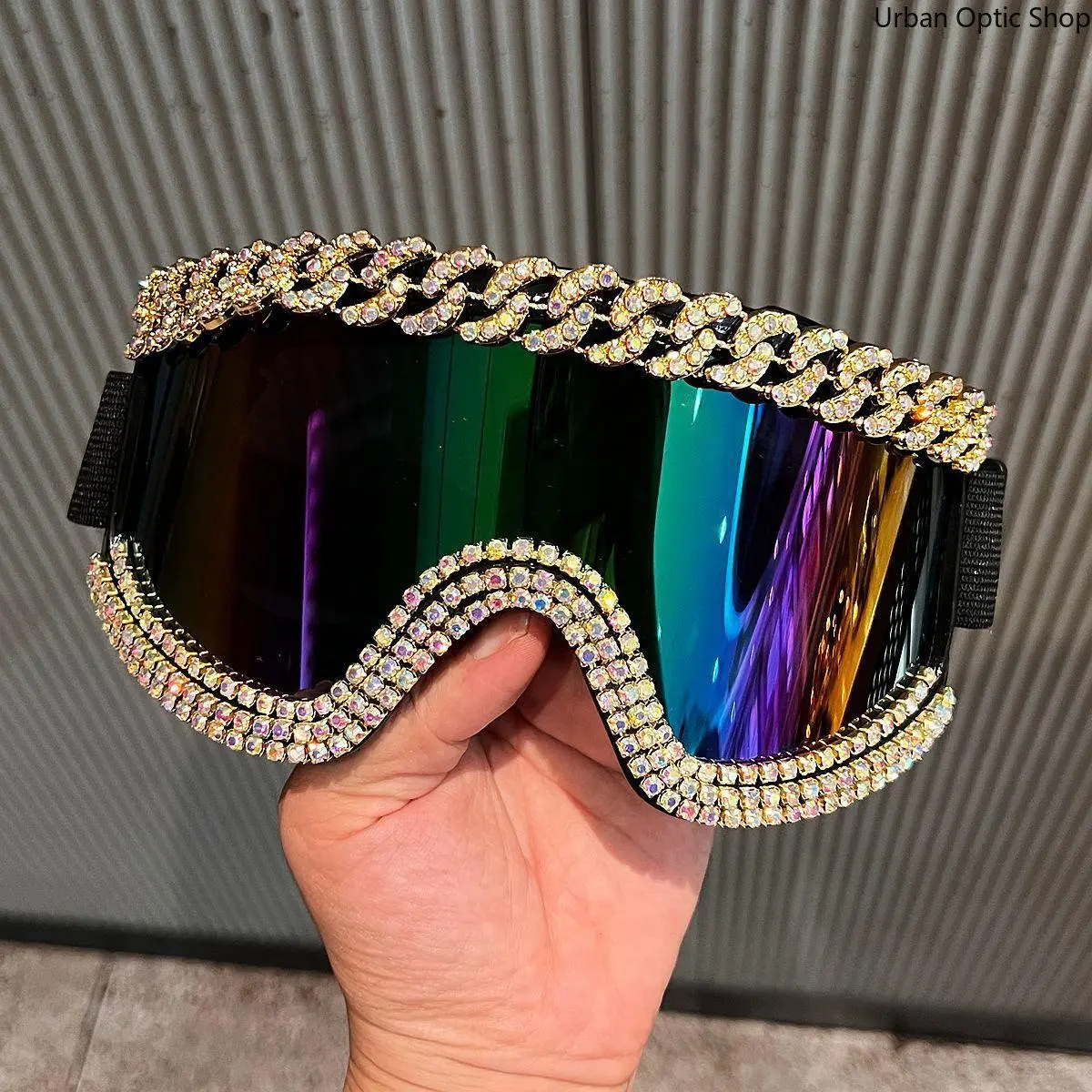 Women's Glam Rhinestone Goggle Sunglasses - Single Pair Fashion Accessories, Gold Cuban Chain Embellished, UV400 Iris Mirrored Lenses, for Street Wear, Halloween Cosplay