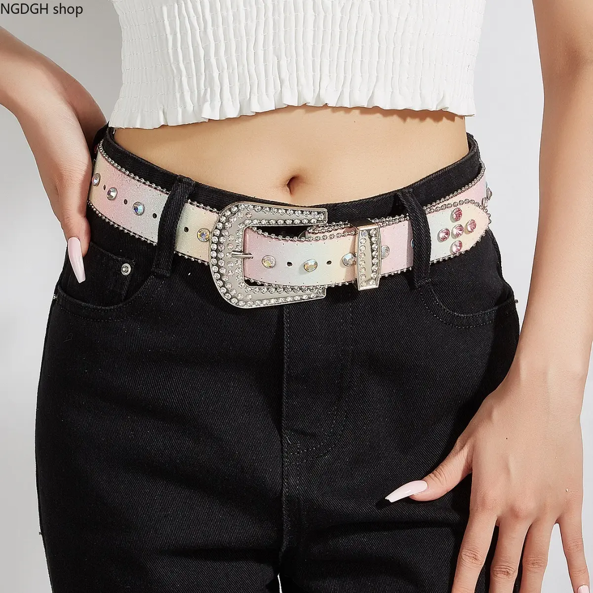 Sparkly Wide Belt - Rhinestone Studded Iridescent Pink Belt for Women, Large Buckle Y2K Fashion Accessory, Trendy Party Festival & Everyday Street Look
