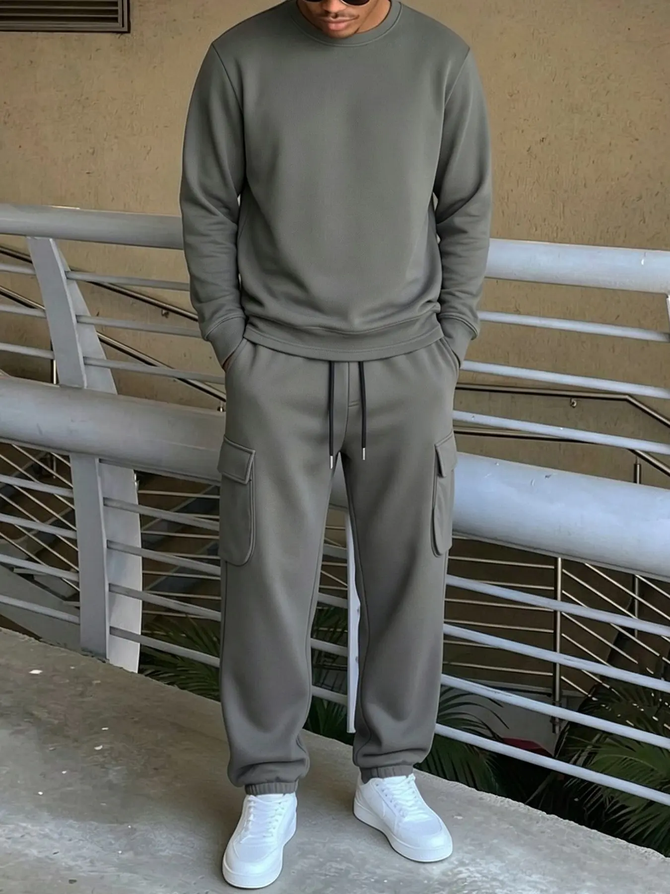2 Piece Set Round Neck Long Sleeve Sweatshirt and Cargo Pants, Soft Breathable Fabric, Comfortable Loose Fit, Ideal for Daily Wear