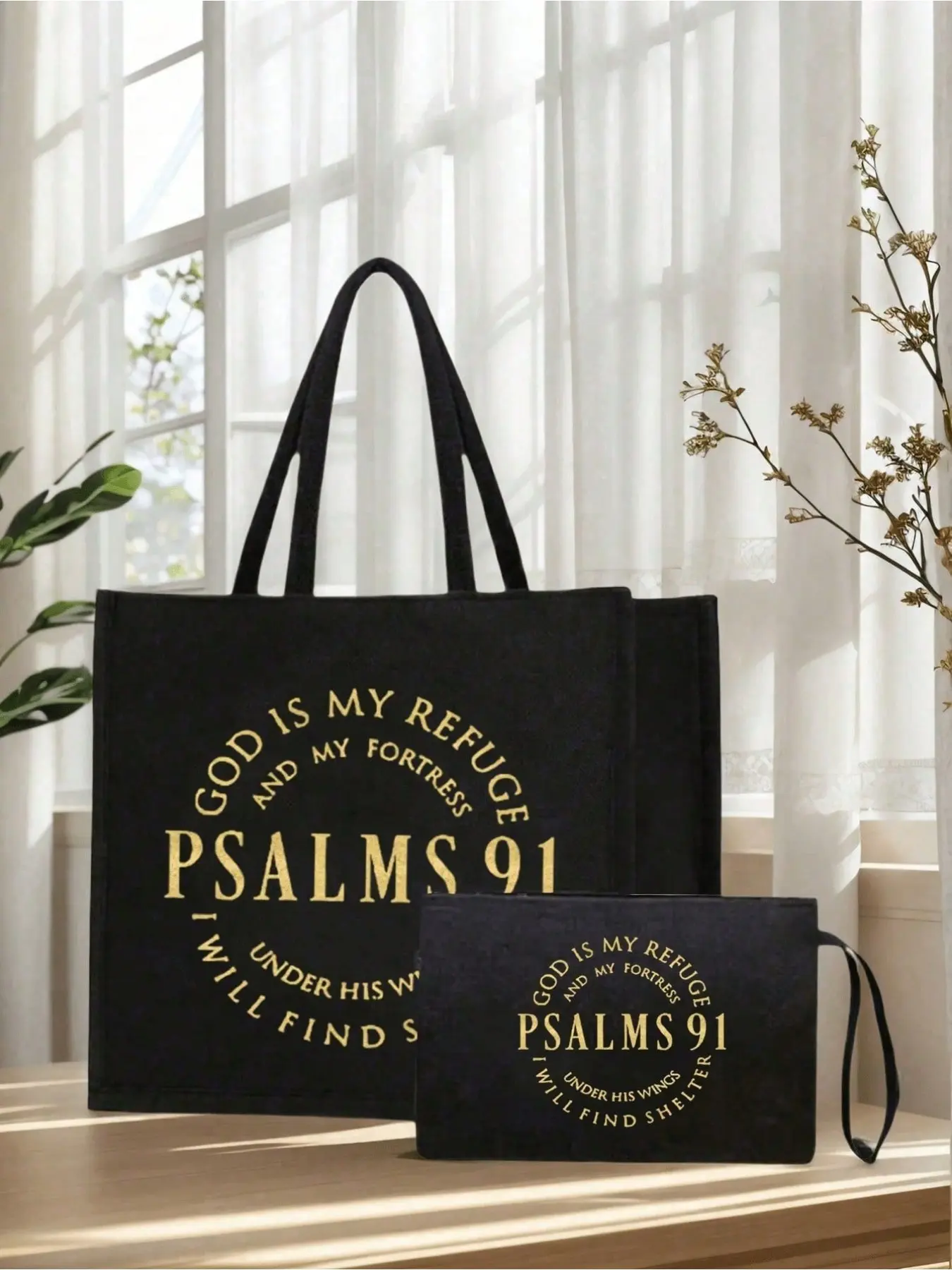 Lightweight Linen Snap‑Button Tote & Cosmetic Bag Set, Psalm 91 Bible Verse Print with Large & Small Wallets, Faith‑Based Handbag for Bible Lovers & Prayer Use