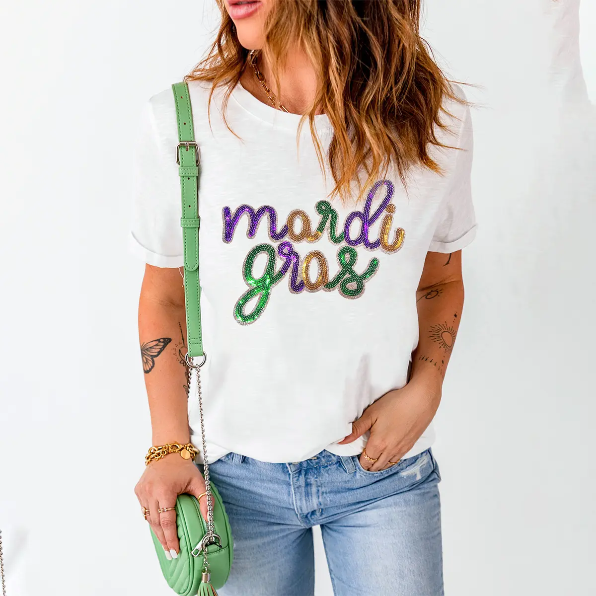 S-3XL White Sequin mardi gras Graphic Shirt