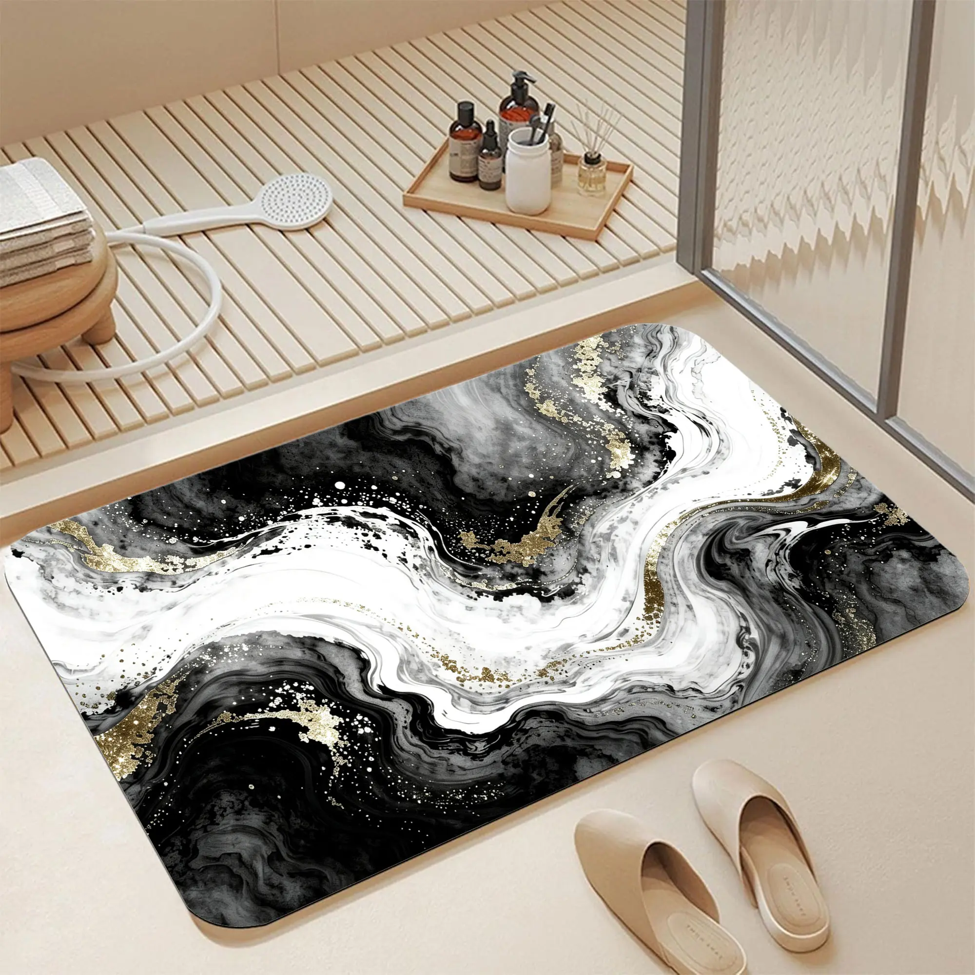 Luxury Black White Gold Glitter Fluid Marble Diatomite Bath Mat 16*24 Inch, Quick Dry Odor-Free Anti Slip Diatomaceous Earth Shower Mat, Shiny Golden Vein Ink Swirl Abstract Washable Bathroom Rug, Sleek Contemporary Glam Floor Pad for Bathroom Laundry Fro
