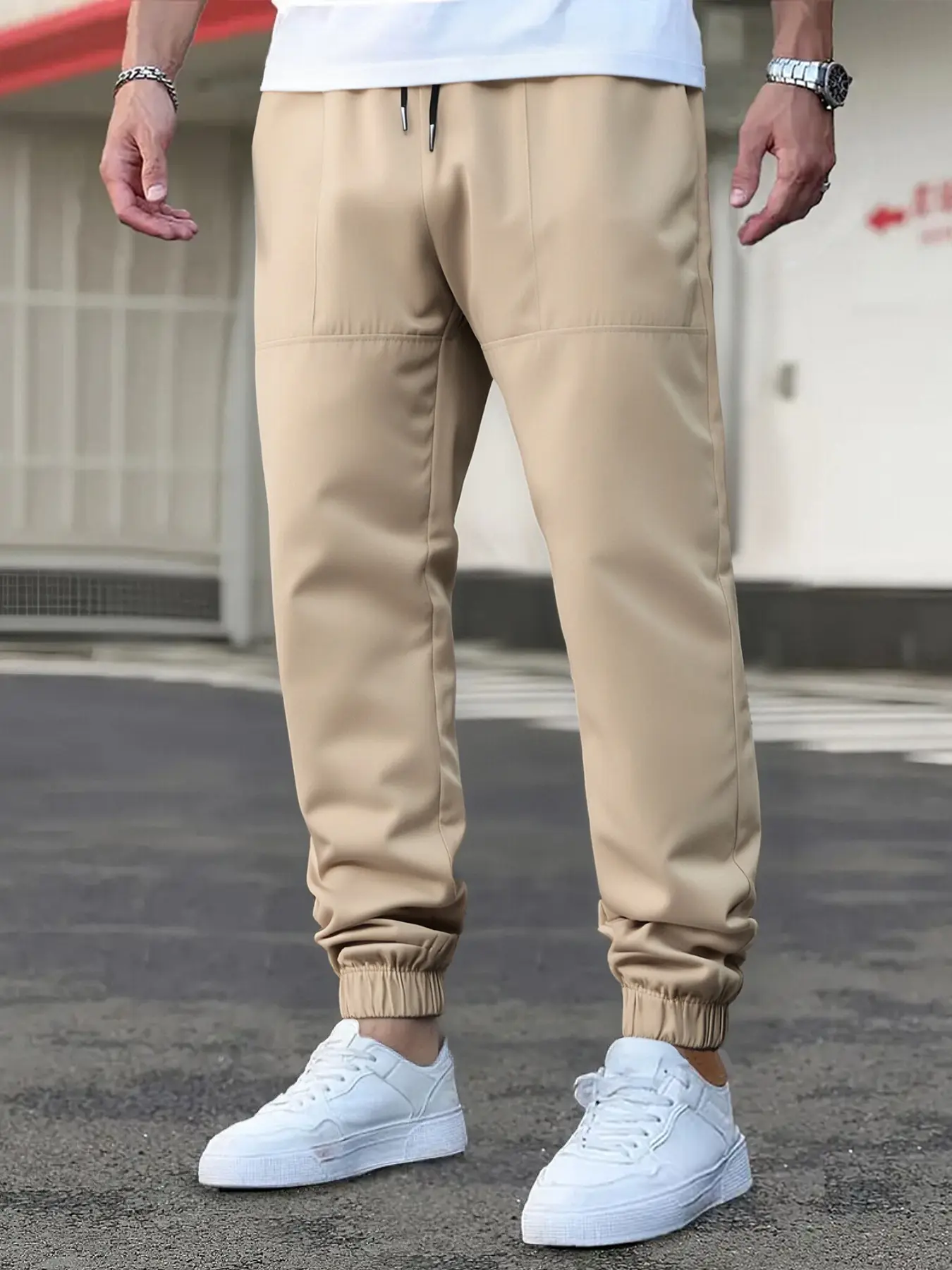 Men's Casual Solid Color Pants, Elastic Waist Drawstring, Ribbed Ankle Design, Suitable for Gym & Daily Wear, Casual Athletic Pants