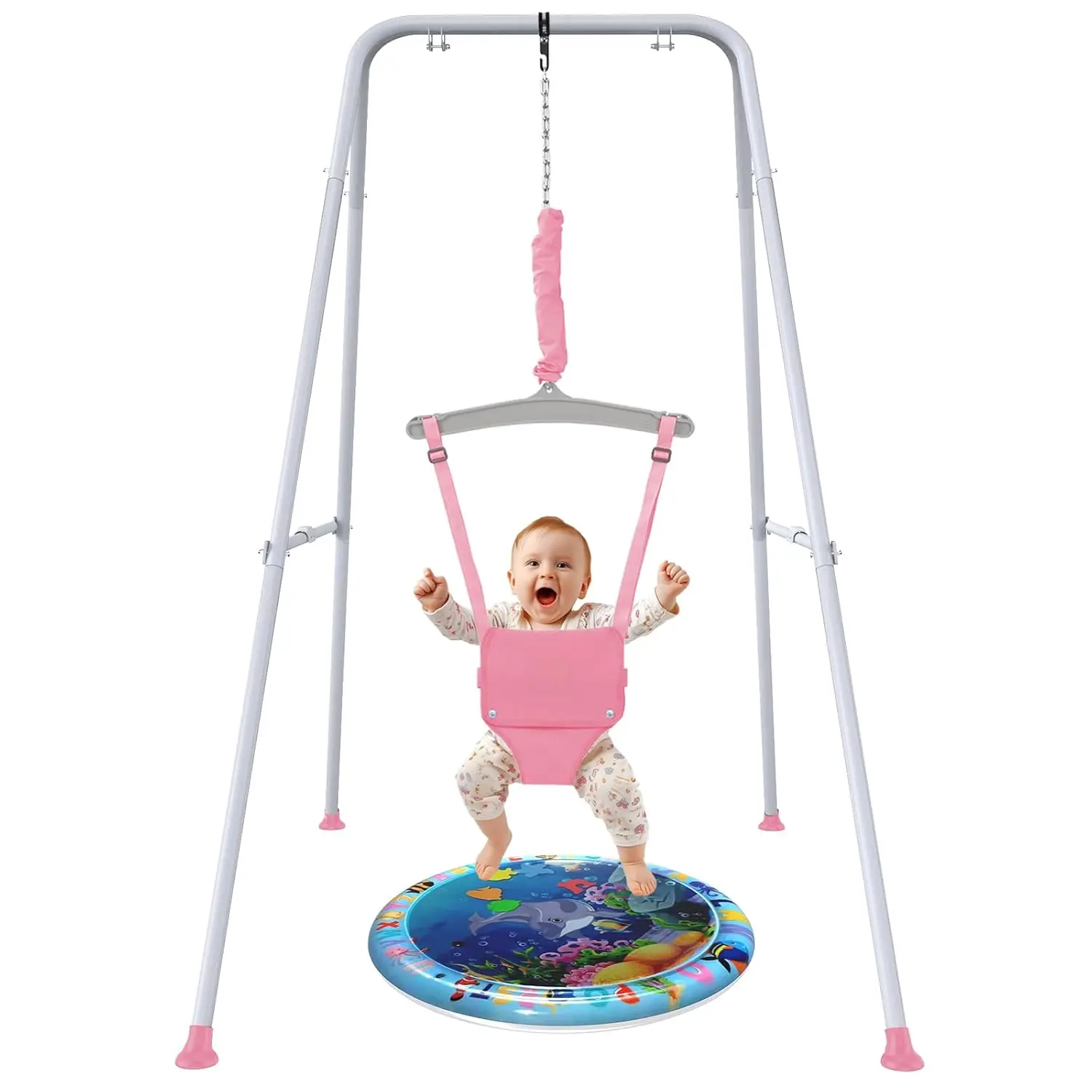 Baby Jumper with Stand,Baby Bouncer,Easy Set-Up,Baby Exerciser  Active Babies,  Indoor and Outdoor, Water Mat Include (Pink)