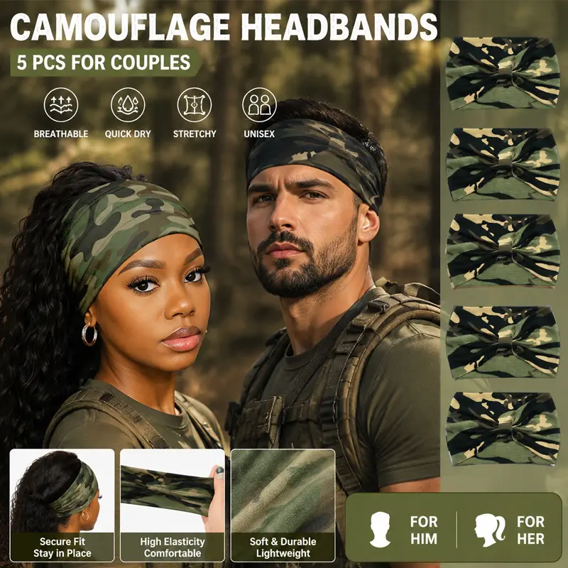 5Pcs/Pack Camouflage elastic wide headband, breathable and sweat absorbing soft knotted headband, suitable for both men and women, suitable for yoga, running, cycling, and fashionable hair accessories suitable for all seasons