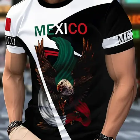 Men's Mexico Football Theme Print Short Sleeve T-Shirt, Round Neck Comfortable Sport Top, Athletic Fitted Tee, Durable Knit Fabric, Ideal for Fans and Daily Wear, Sports Tees, Casual Sportswear