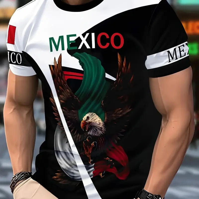 Men's Mexico Football Theme Print Short Sleeve T-Shirt, Round Neck Comfortable Sport Top, Athletic Fitted Tee, Durable Knit Fabric, Ideal for Fans and Daily Wear, Sports Tees, Casual Sportswear