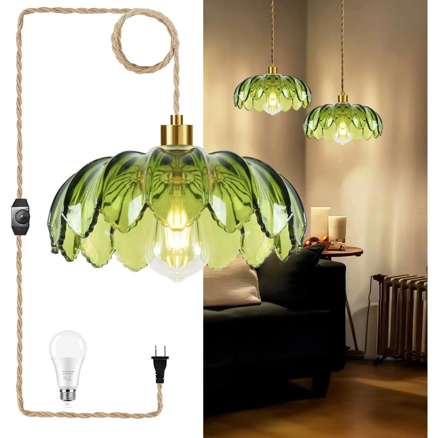 Plug in Pendant Light with Cord, Boho Hanging Lamp, Glass Gold, Mid Century Modern Vintage, Dimmable Green Flower Chandelier Ceiling Fixture for Living Room, Kitchen