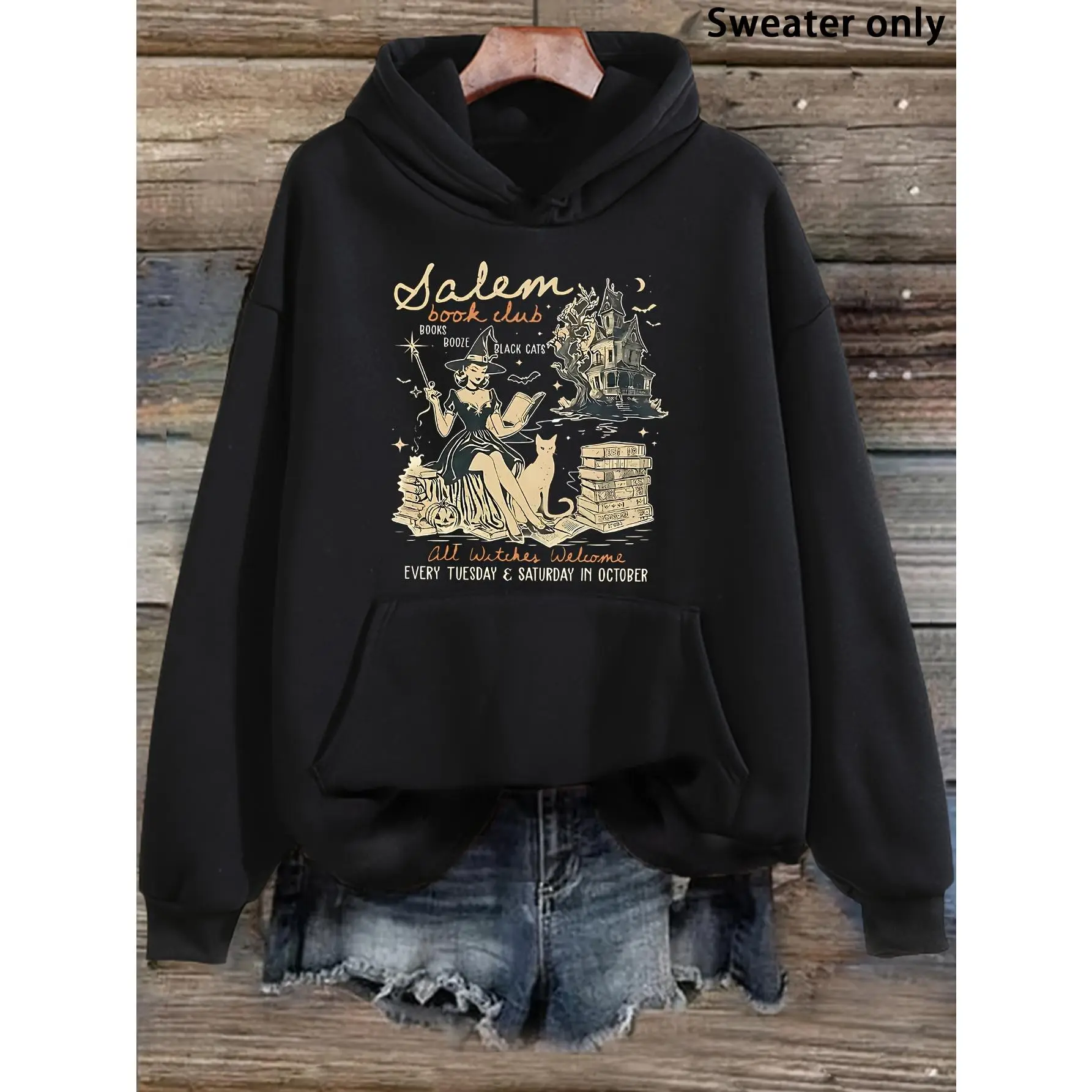 Women'S "Salem Book Club" Witch Graphic Hoodie, Casual Long Sleeve Pullover Hooded Sweatshirt, for Halloween