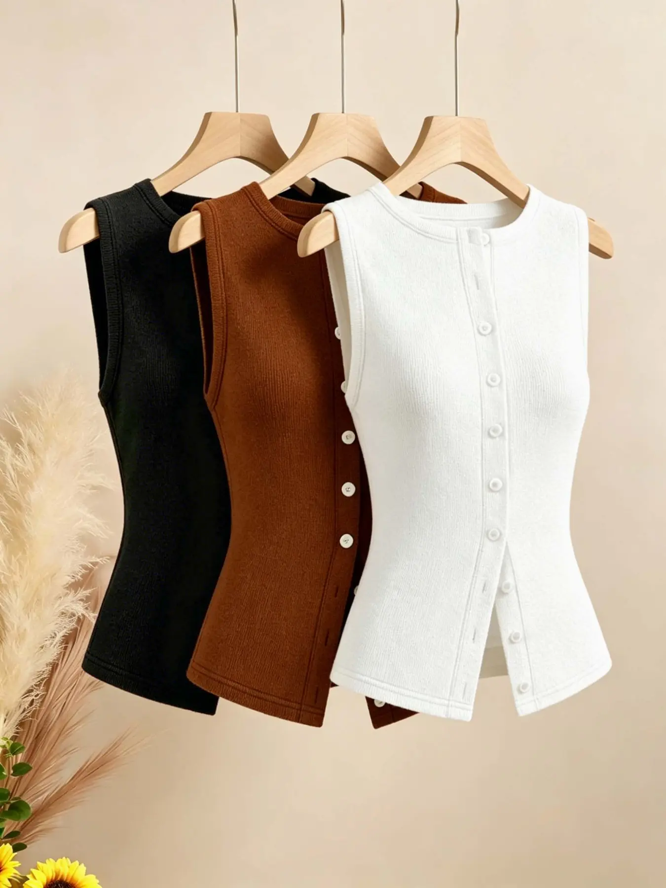 3-Piece Set Melanoid Casual Style Solid Color Round Neck Knit Fitted Vest for Women, Slimming Waist Sleeveless Jumper, Versatile Suit Innerwear Sleeveless Vest Top