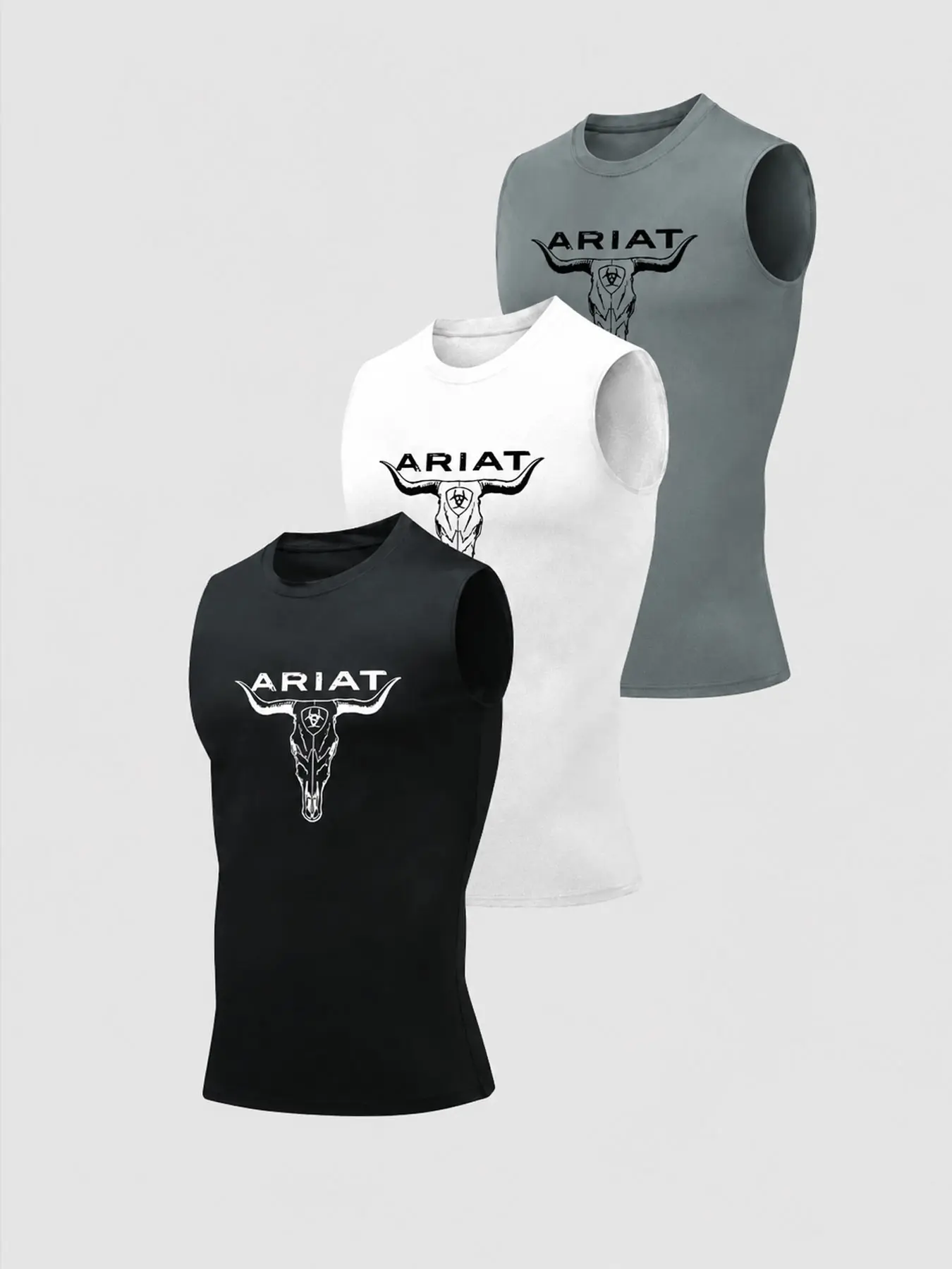 3-Piece Sports Tank Tops Set, Gym Training & Daily Wear, Sleeveless Gym Top, Bull Head Letter Print, Quick-Dry Breathable Stretch Fabric, Unisex