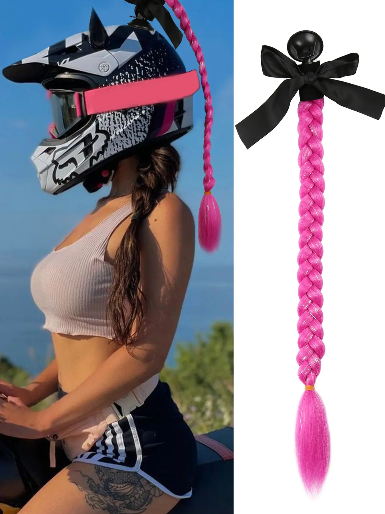 1 Pcs 20inches Glitter Tinsel Hair Extensions Helmet Pigtail Helmet Braids with Detachable Suction Cup with Bowknot Motorcycle Helmet Ponytails, Synthetic Pony Tail, Many Colors Tinsel Fairy Hair Extension Hair Accessories (Helmet not Included)
