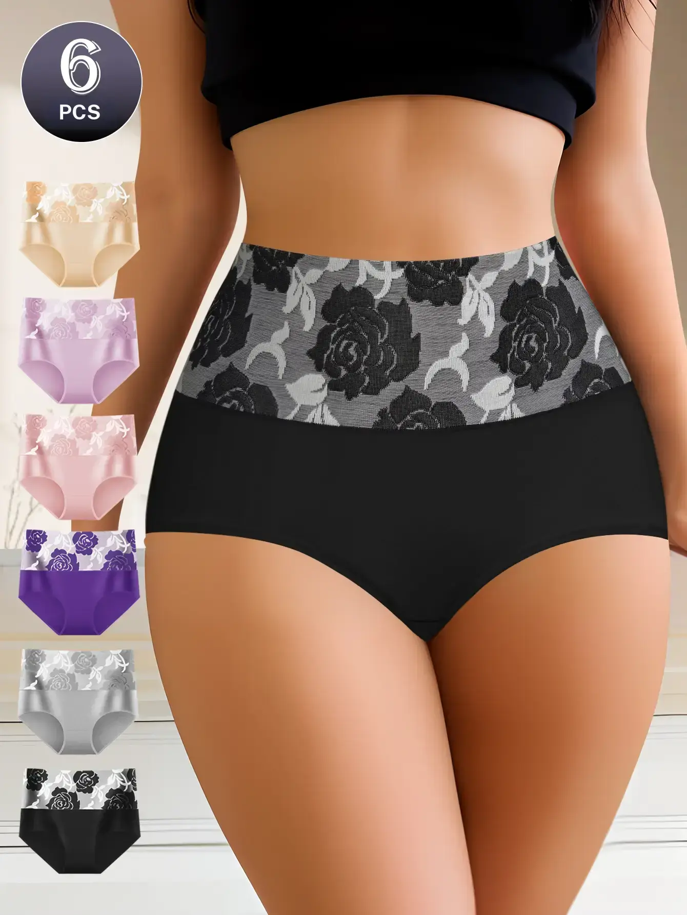 QUASTI Women's 6 Pack High Waist Colorblock Cotton & Polyester Lingerie Panties Seamless, Floral Print, High Elasticity Fabric, Tummy Control, Hip Lifting, Soft Breathable Comfortable Fit, Feminine Lady Underwear, S XXL