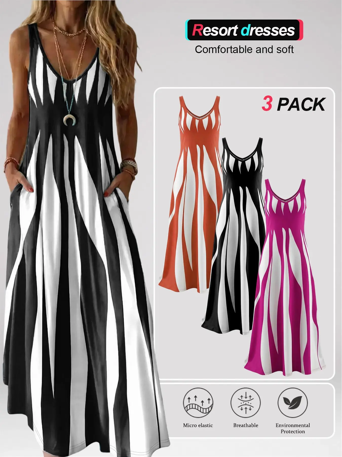 Women's Striped Maxi Nightdress with Pockets, Sleeveless Long Sleep Dress, Soft Comfy Lounge Dress for Women, Elegant Casual Homewear, Flowy Summer Sleepwear，Suitable for Daily Home Wear and Fashionable for Outings