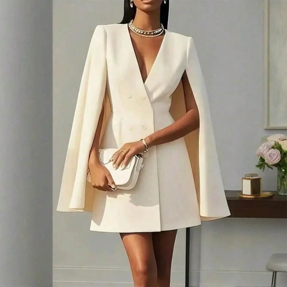 Women's Chic Silhouette Cape Blazer Dress - Solid V-Neck Double-Breasted Slim Fit Mini Suit Dress for Office Wear, Evening Parties, Tops, Cocktail, Formal, Party, Long Sleeve, Elegant Look, Polyester, Daily Office Commutes, Double-Breasted Front, Long Sle