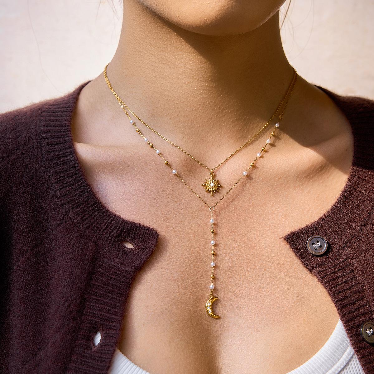 Sun & Moon Pendant Necklace, Double Layer Pearl Choker, Anti-Tarnish
