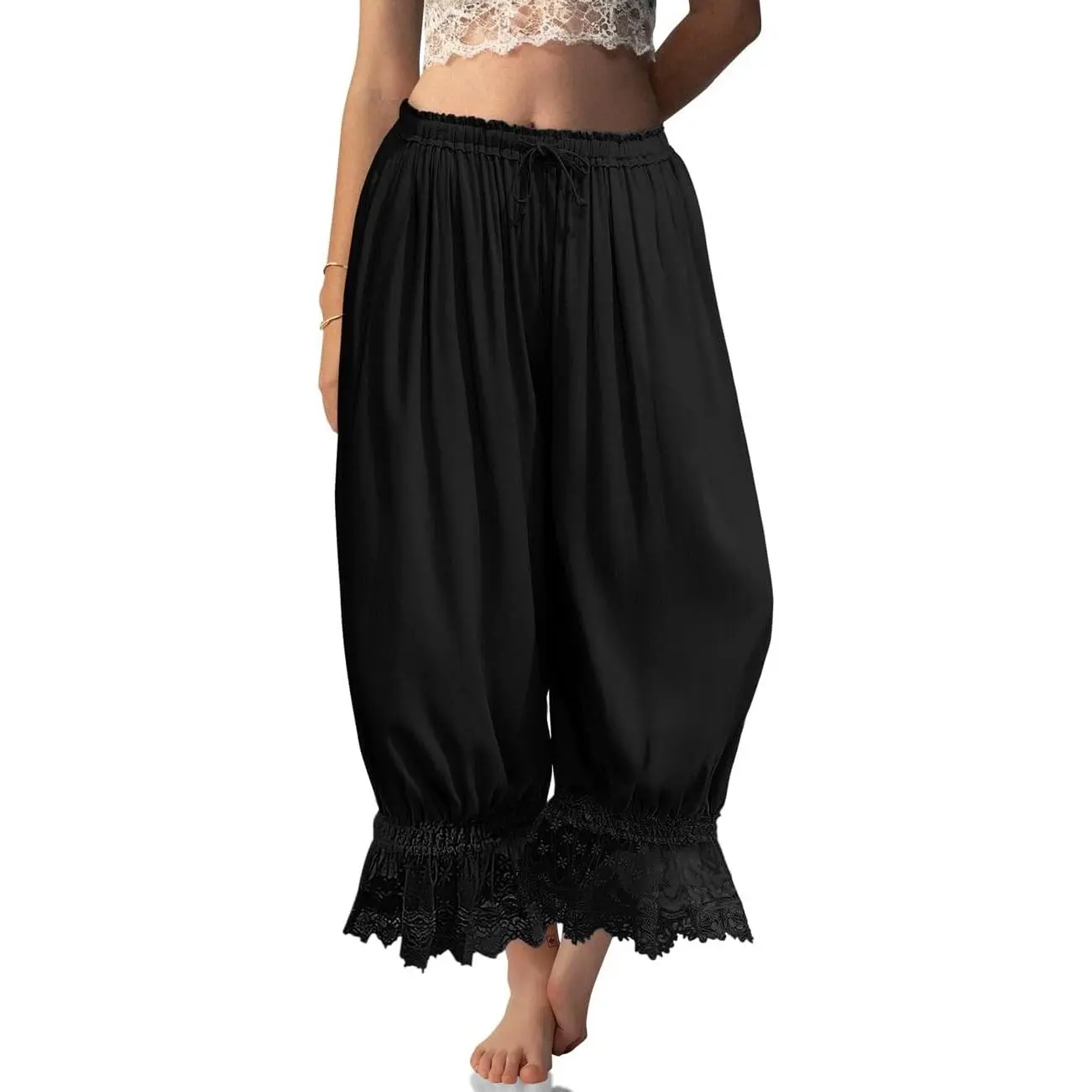 Women Linen Lace Trim Long Bloomers Pants Ruffle Victorian Vintage Pantaloons Summer Beach Travel Vacation Pants