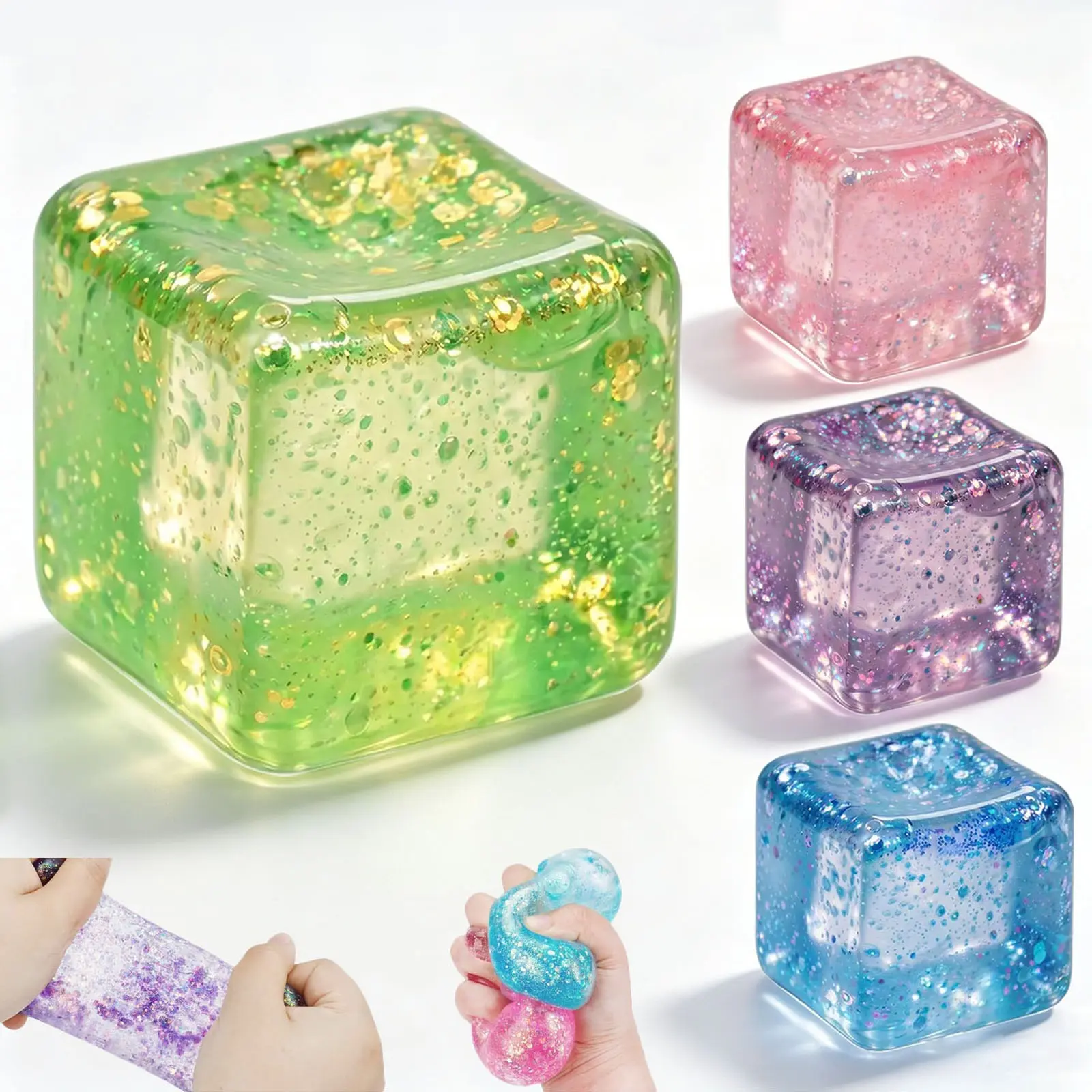 Glitter Squishy Slow Rising Fidget Cube Sensory for Anxiety Stress Relief High Density Ice Squeeze Ball Cubes,Portable Squeeze Fidget Toy for Anxiety, Party Favors, Birthday Gifts