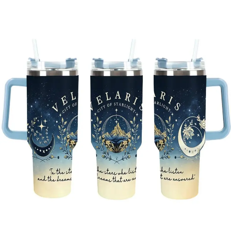 Velaris City of Starlight Tumbler with Handle and Lid, ACOTAR Insulated Stainless Steel Travel Mug, To The Stars Who Listen Bookish Water Bottle, Night Court Gifts for Book Lovers, Fantasy Book Merch