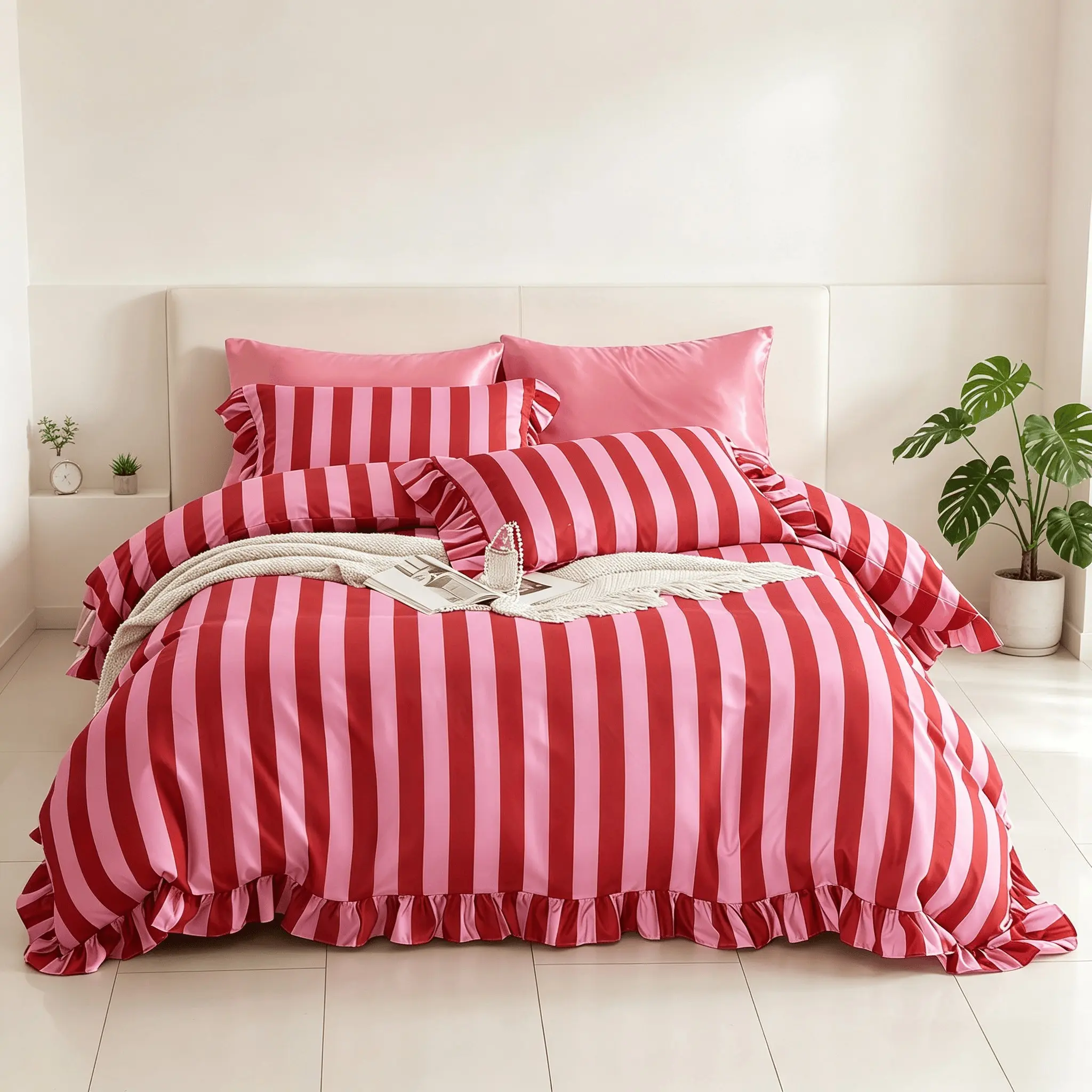 3-piece bedding set with striped pattern and ruffled edges, containing 1 duvet cover and 2 pillowcases. Duvet inserts and pillow inserts are not included. Soft and comfortable home textile for bedroom decoration.