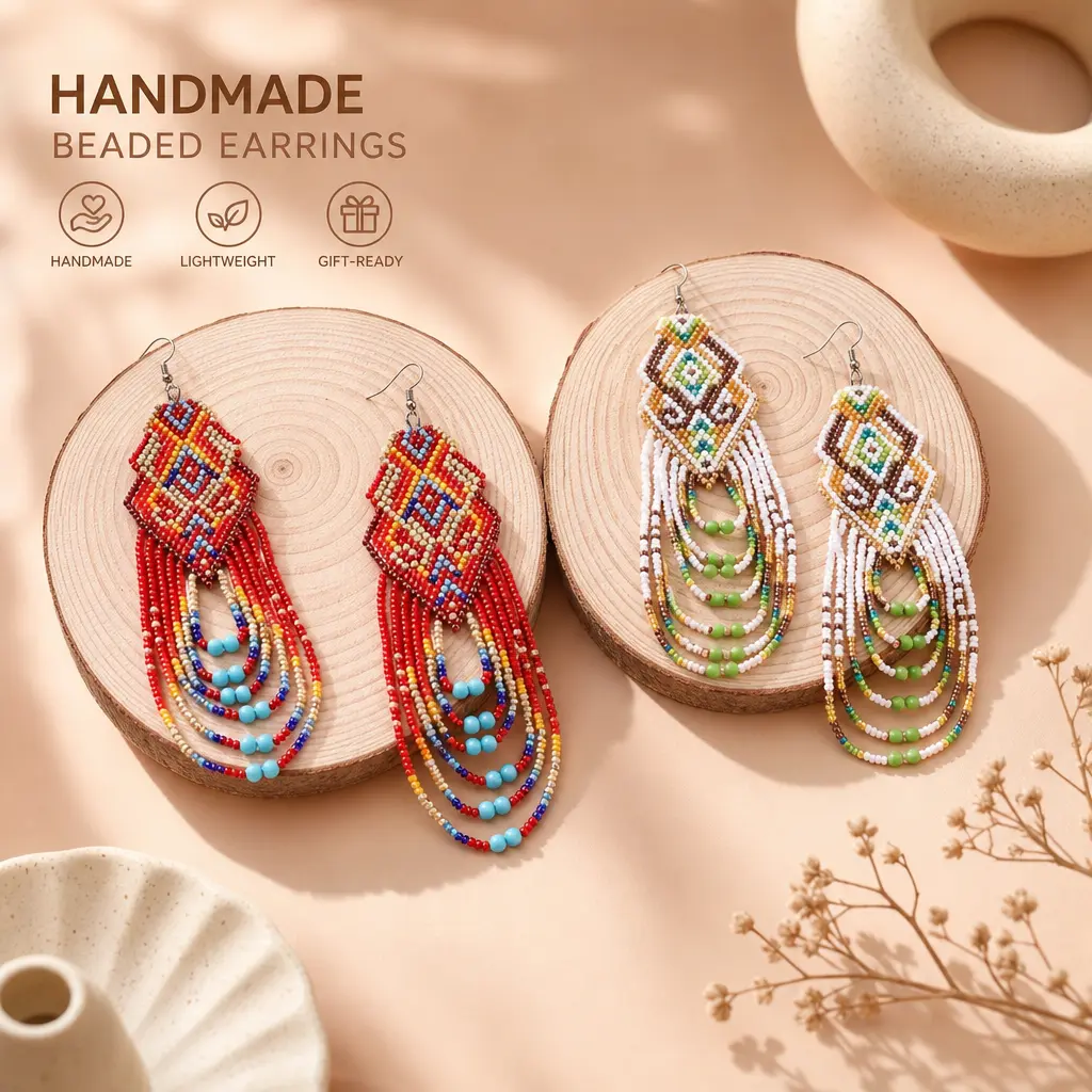 Bohemian-style handmade glass bead tassel earrings, suitable for teenagers - long ethnic-style jewelry, brass stud earrings, beaded earrings, handmade earrings for teenagers, women's accessories, youth earrings, fashionable long tassel earrings. men