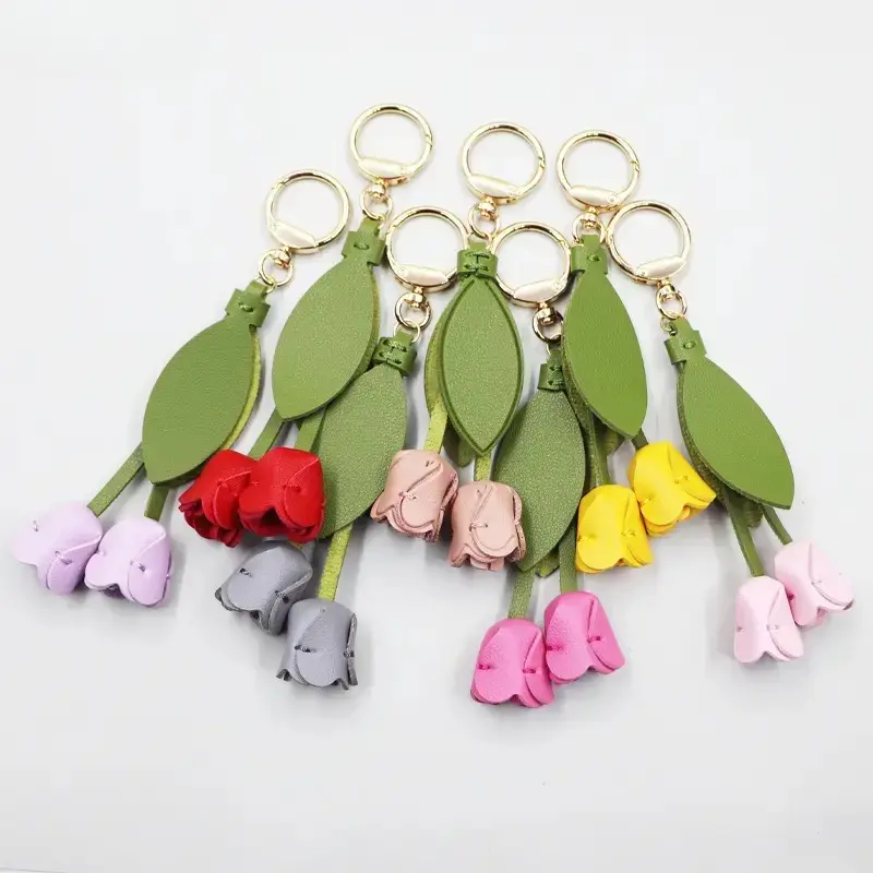 Tulip Flower Bag Charm Keychain, Korean Style Dopamine Aesthetic Purse Pendant, Cute PU Leather Floral Bag Accessory for Handbags, Backpacks and Car Keys, Coquette Inspired Decorative Key Ring for Girls, Trendy Gift and Everyday Bag Decoration