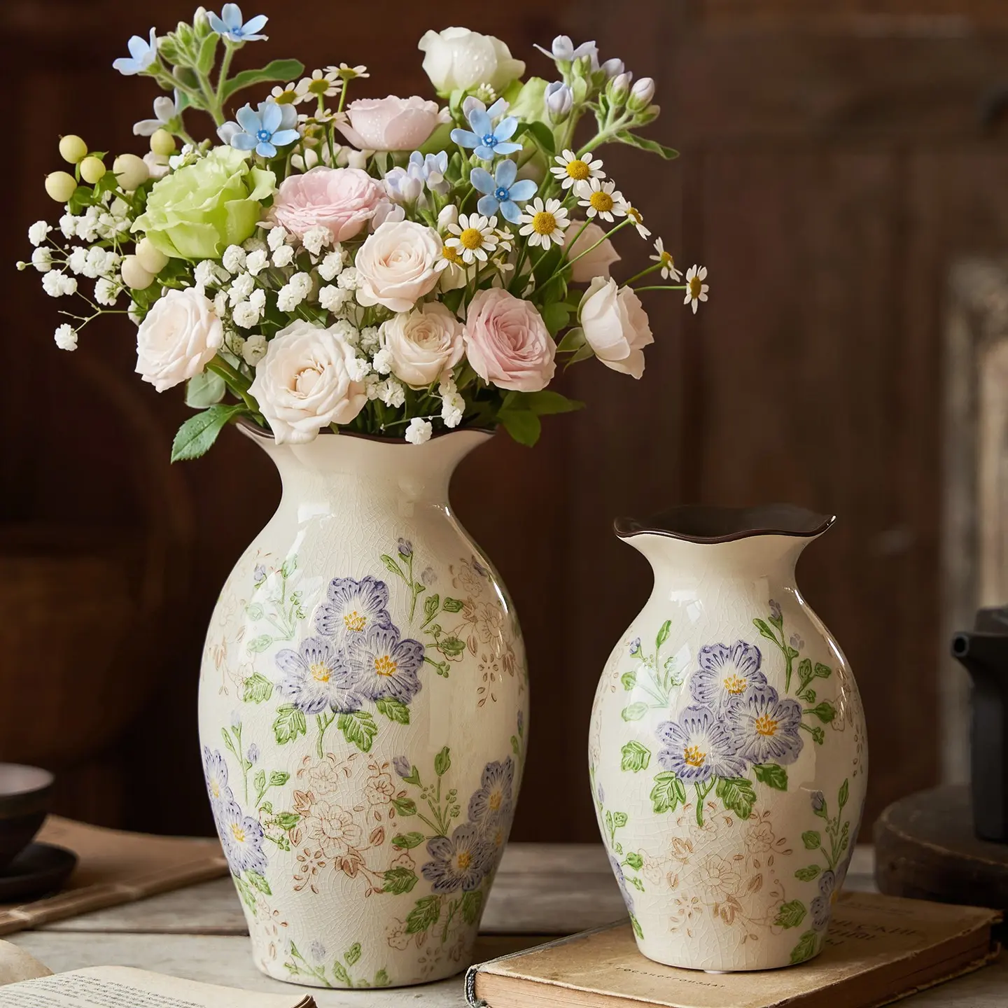 Handmade Ceramic Floral Vase, Hand-Painted Crackle Glaze Flower Vase, French Country Rustic Home Decor, Elegant Table Centerpiece