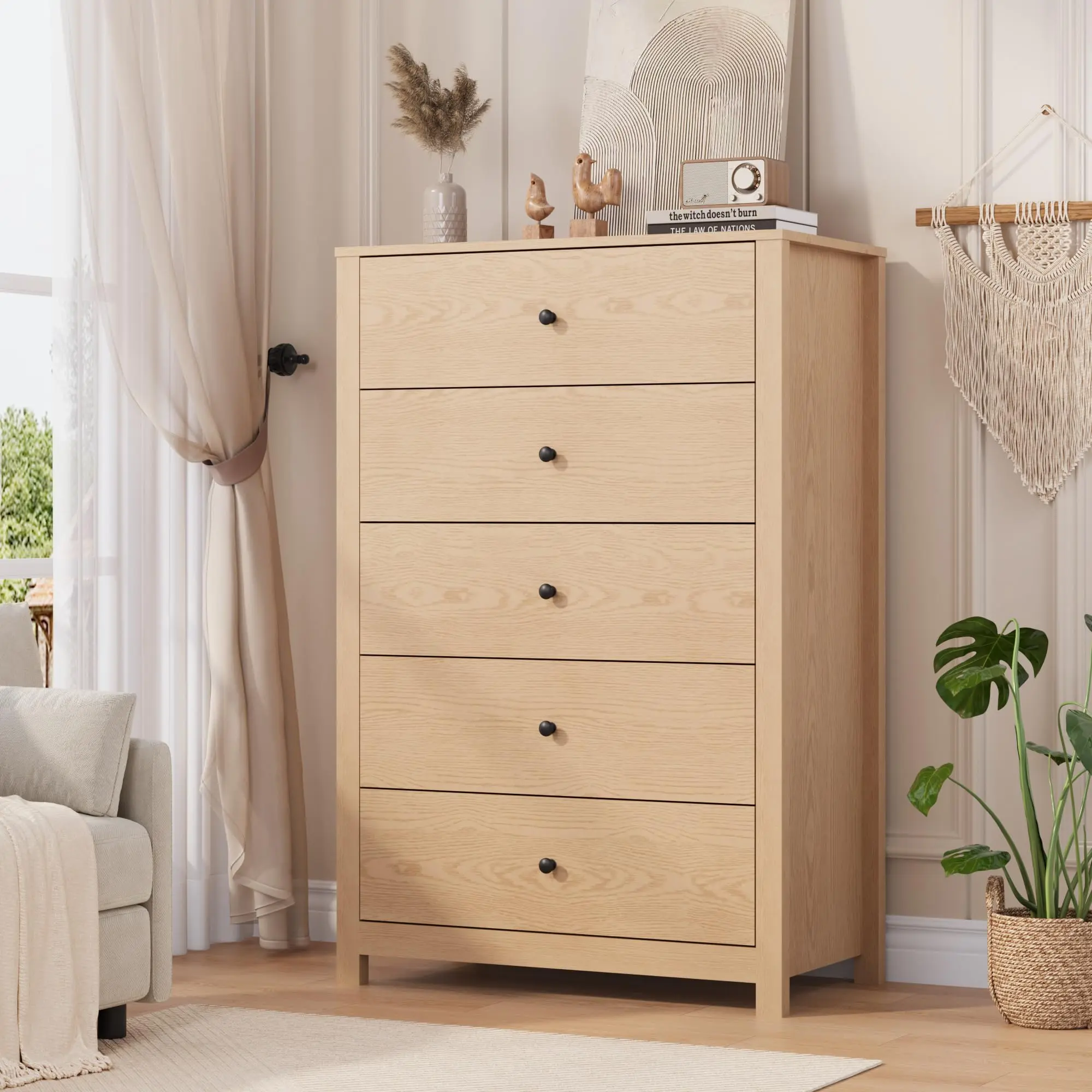5-Drawer Sturdy Wood Sideboard Cabinet, Modern Deep Storage Chest with Metal Knobs, Tall Organizer for Bedroom, Dining Room, Assembly Required, White/Grey/Black Options Available, With Drawers