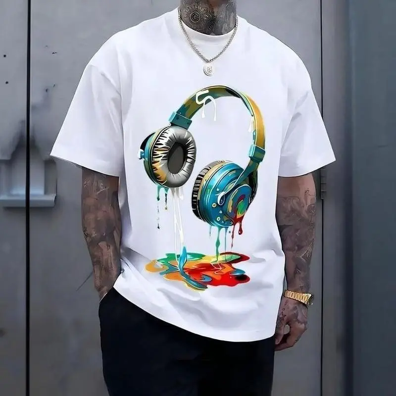 Men's CVC Cotton Crew Neck Short Sleeve Plain Top - Headphone Art Graphic, Relaxed-Fit Casual Streetwear Tee for Art Enthusiasts, Fitted Sports Top Option, Shortsleeve