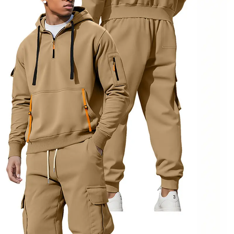 Men's Fall Winter Fleece-Lined 2-Piece Set, Fashion Zip-Up Hoodie & Multi-Pocket Carhartt-Style Cargo Pants Outfit