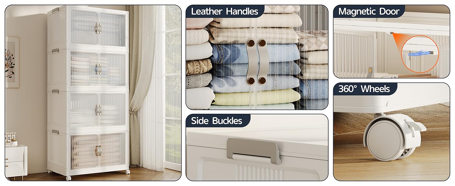 JONZEN 192Qt Plastic Storage Bins with Lid, 48GAL Closet Organizer and Stackable Storage Drawer, Collapsible Clear Box with Wheels, Clothes Cabinet Containers for Home Garage, 4Pack White