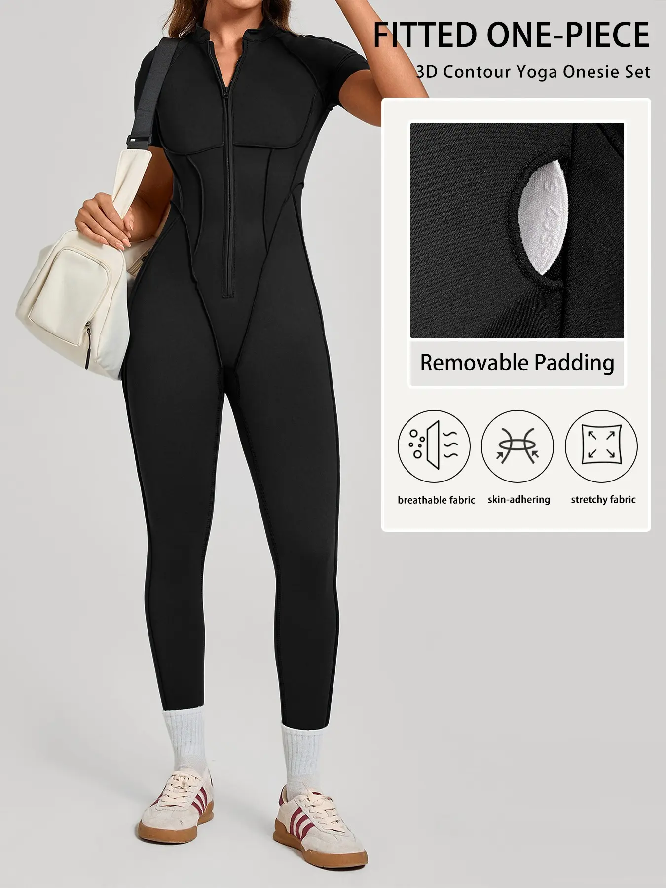 3D Cut-Out Tight-Fit One-Piece Sports Wear, Half-Zip Large Back Exposure High Elastic Quick-Dry Pilates Training Bodysuit