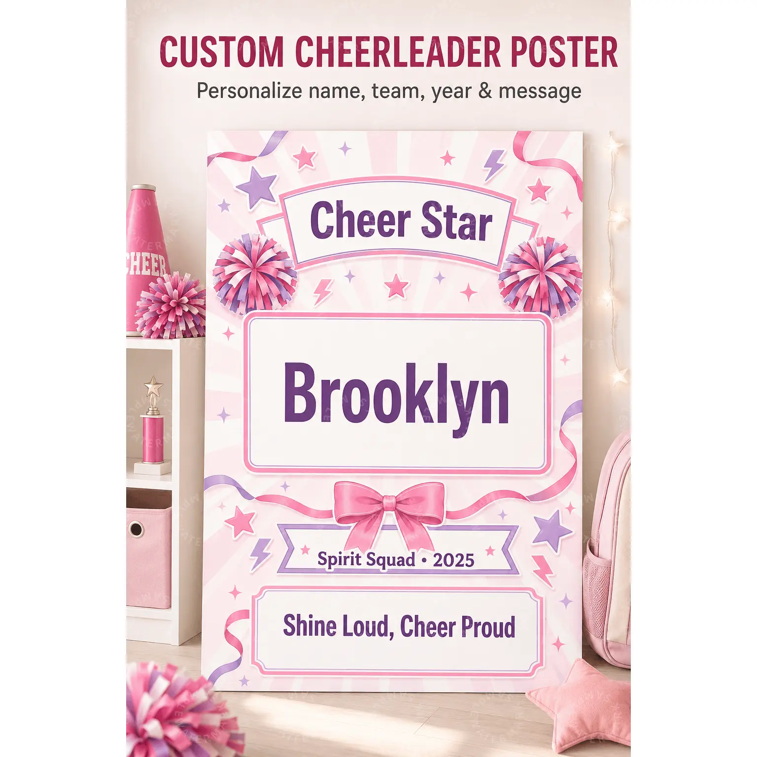 Custom Cheerleader Poster, Personalized Cheer Star Name Wall Art, Pink Purple Pom Pom Sports Decor, Girl Bedroom Teen Room Aesthetic Poster, Cheer Team Gift, Dorm Office Wall Decor