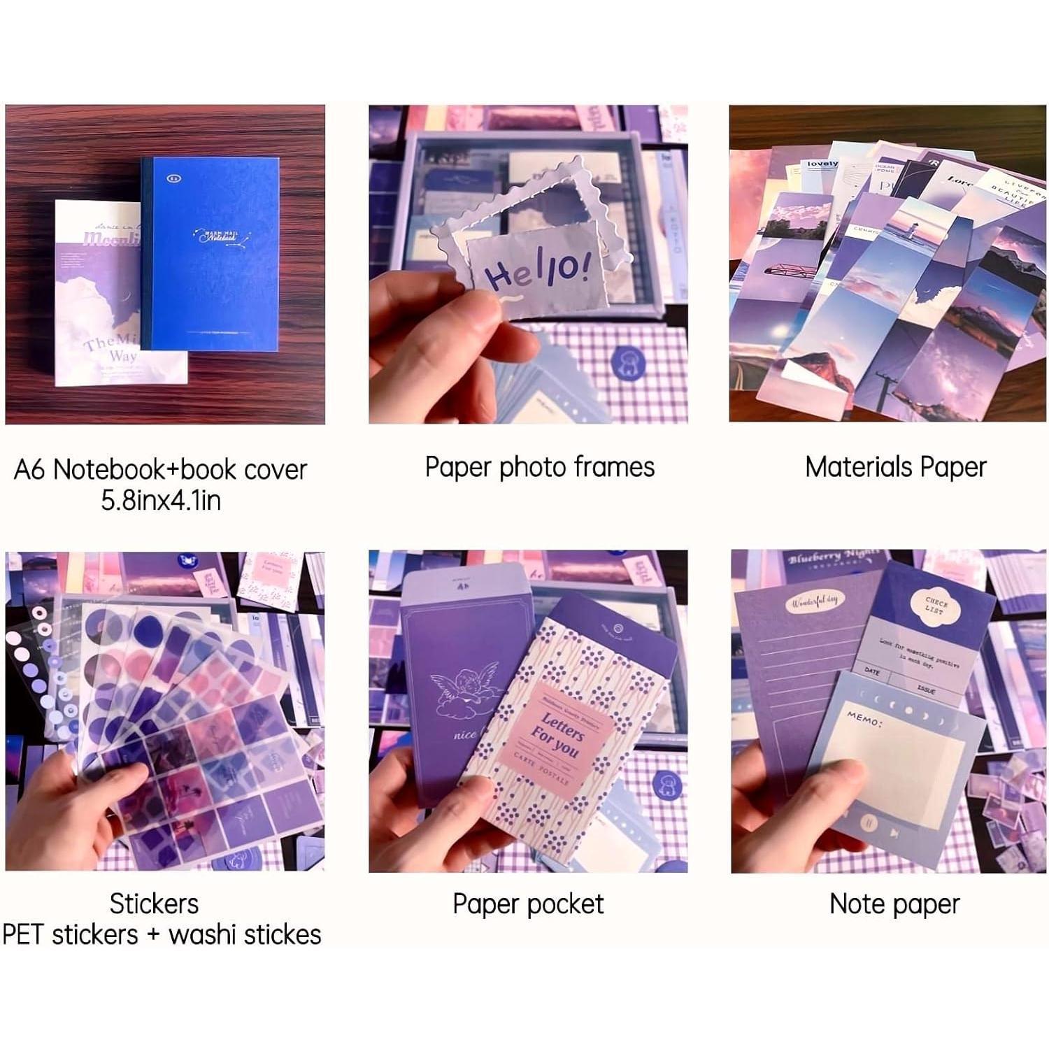 348 count Aesthetic Scrapbook Kit,Scrapbooking Supplies Kit, Junk Journal Supplies Kit with A6 Grid Notebook, Junk Journals Kit,DIY  Journaling Kit for Teen Girl Women(Moonlight)