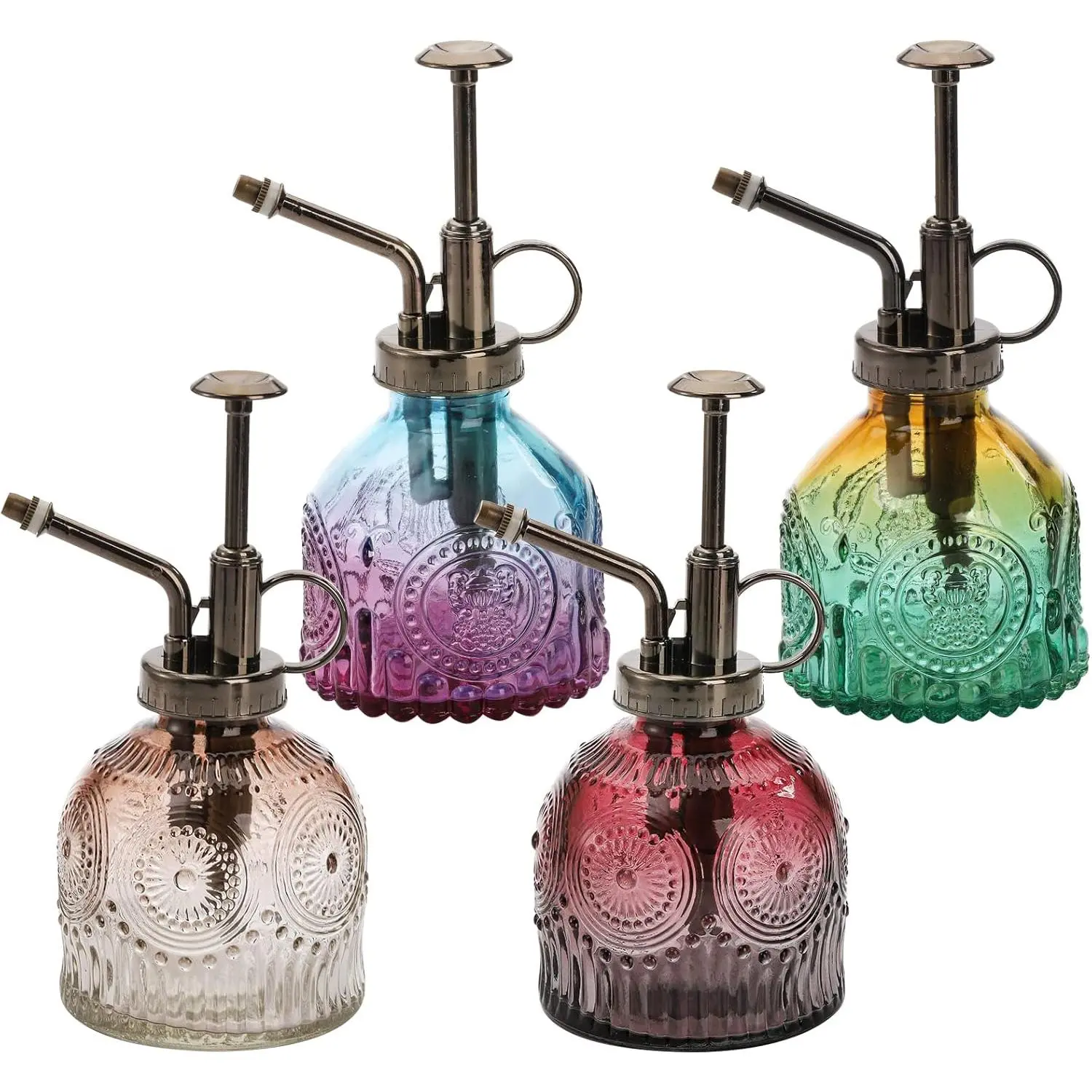 Vintage 4-Pack Glass Plant Mister Spray Bottles, 6.3in Decorative Watering Bottles with Bronze Plastic Top Pumps for Indoor Succulents & Outdoor Garden Plants, 4 Spray Bottles
