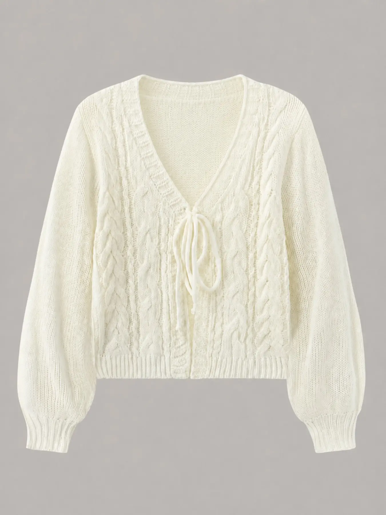 Women's Knitted Tie-Up Cardigan, V-Neck Long Lantern Sleeve Short Sweater, Soft Cream Color Knit Top, Casual Spring & Fall Wear