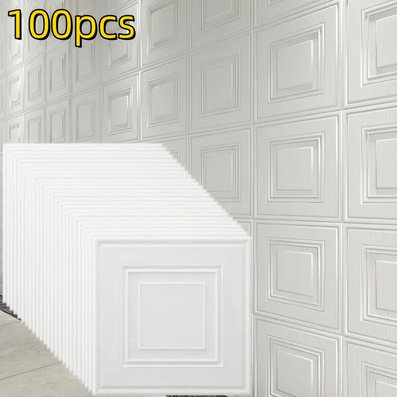 100pcs 3D Wall Stickers, Self-Adhesive Foam Wallpaper, Peel And Stick Wallpaper, Waterproof & Dirt-Resistant, Easy Install for Bedroom, Living Room, Ceiling, Balcony, Dining Room