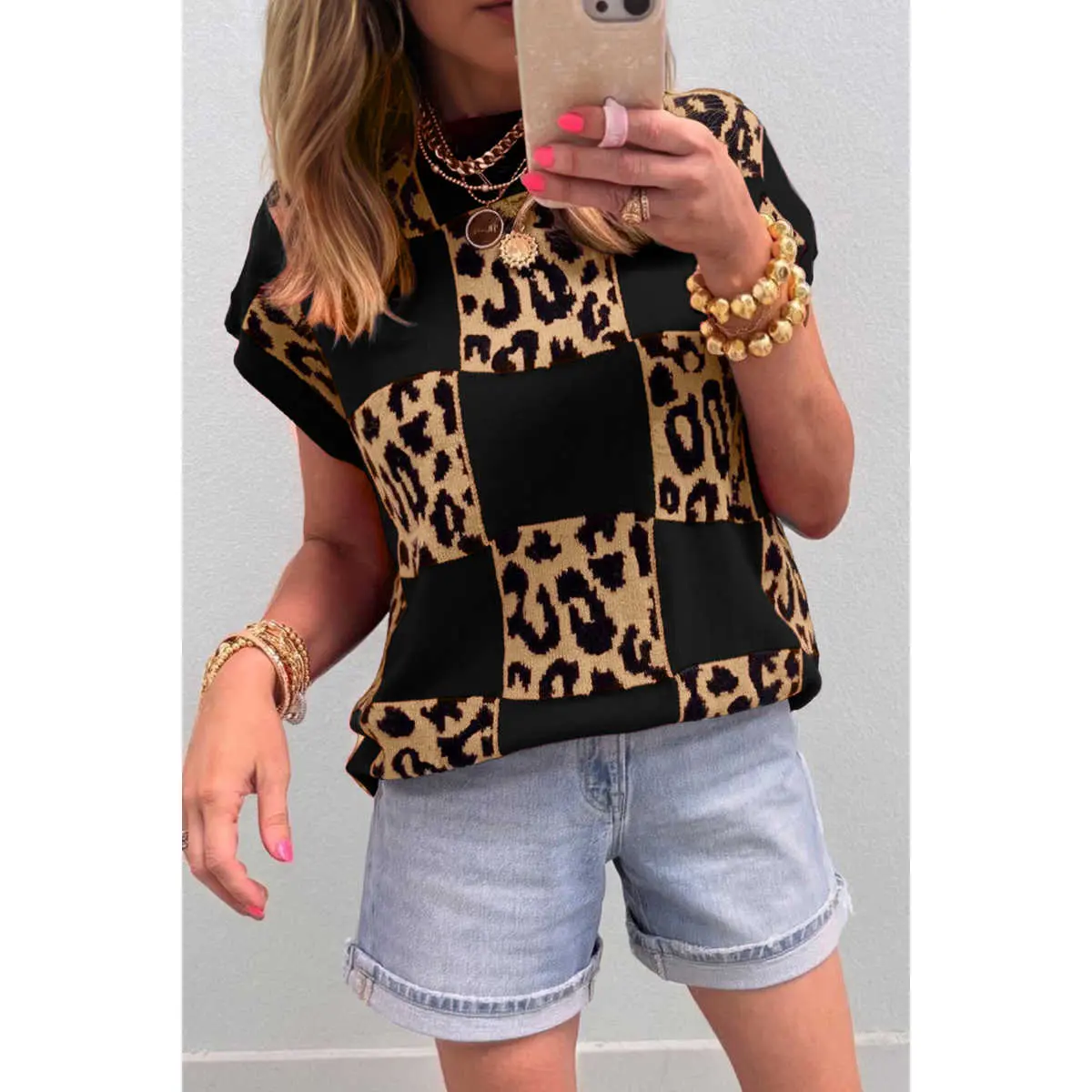 Women's Polyester Checkered Black Leopard Short-Sleeve Knit Sweater, Slim-Fit Casual Top