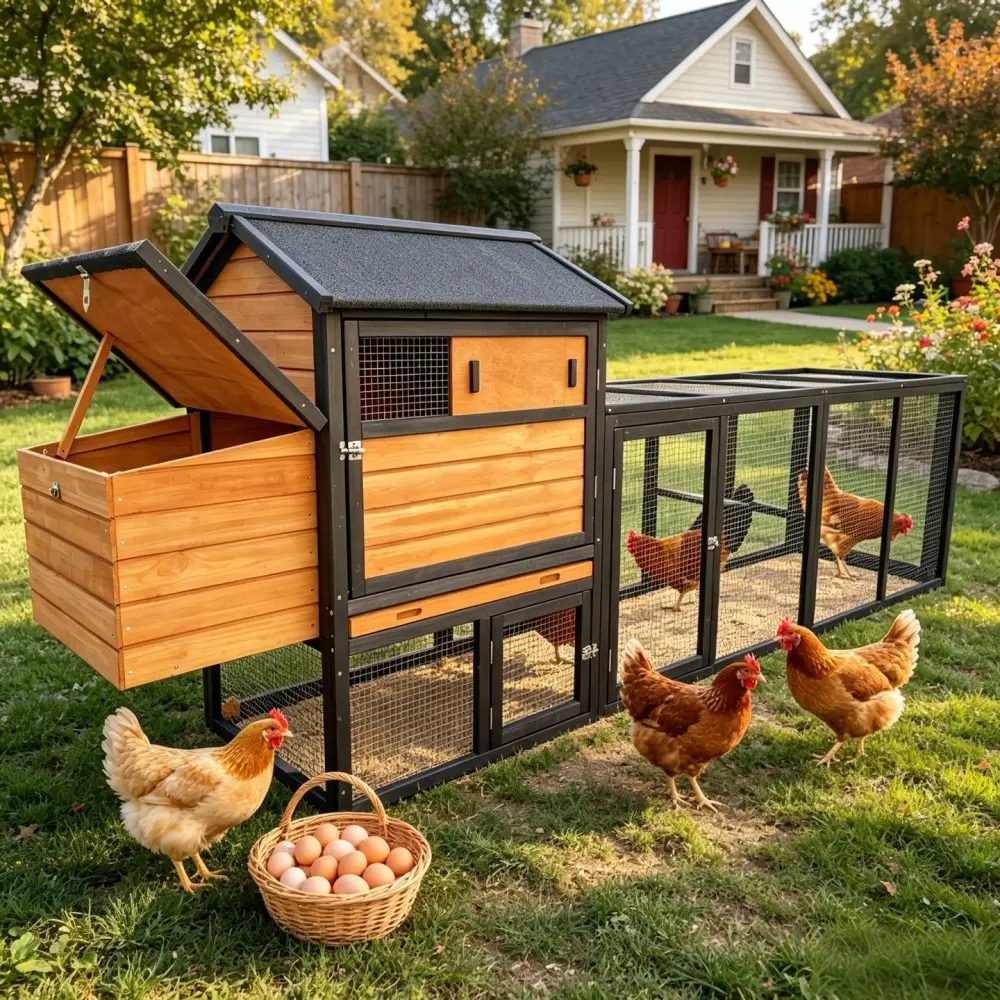 Large Brown & Black Solid Wood Chicken Coop, Predator Safe Outdoor Poultry Cage with Run, Nesting Box & Waterproof Anti-UV Panels, Egg Access Backyard Rabbit Hutch, Single Unit