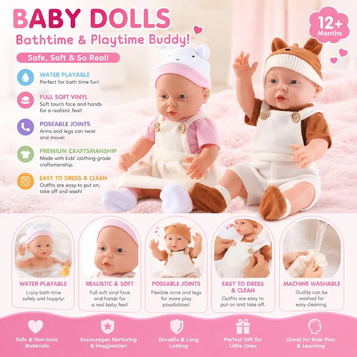 Soft-Touch Baby Doll for Kids, Realistic Soft Vinyl Face & Hands, Flexible Joints, Safe & Washable, Perfect Gift for Children