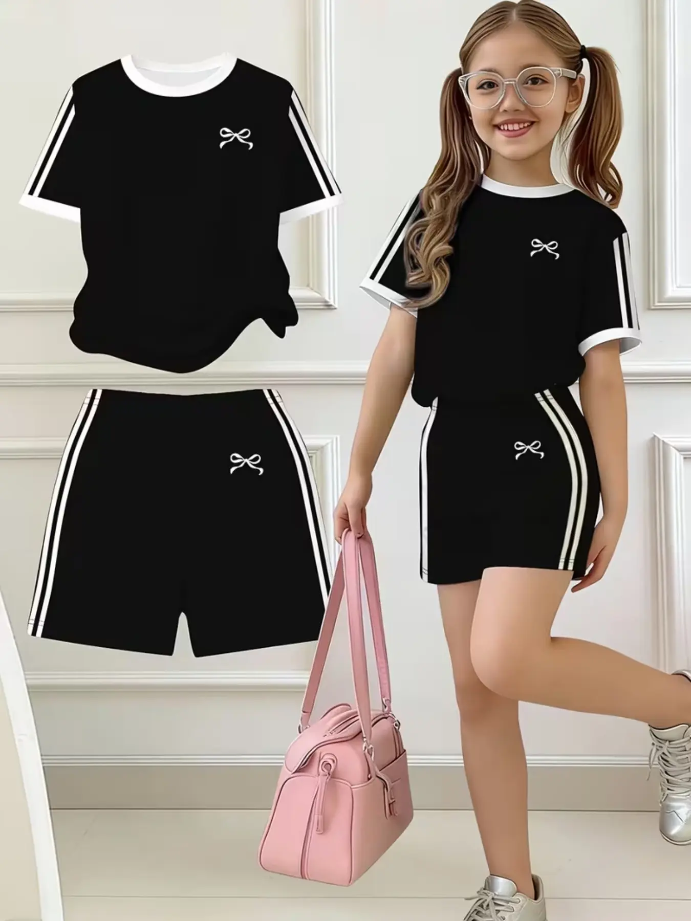 2-Piece Set, Simple Bow Print Short Sleeve T-Shirt and Shorts, Casual Fitted Suit, All Seasons, Street Fashion, Campus Style, School, Shorts Outfit Set, Casual Summer Set