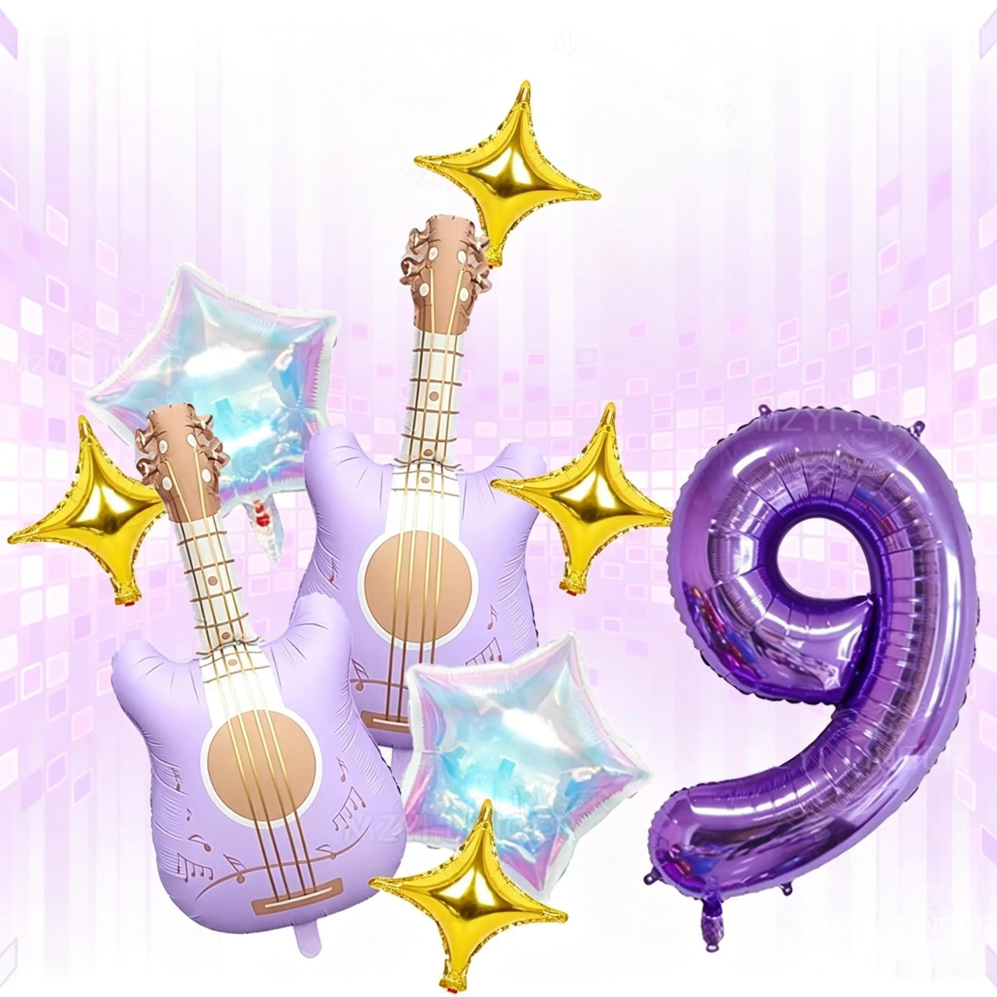 Purple Music Themed Birthday Party Decor Kit, 16in K-Pop Letter Banner Foil Balloons, 32in Purple Number Balloons 4-9, Guitar & Iridescent Star Balloons, Perfect for Music Birthday Parties, Celebrations & Anniversaries