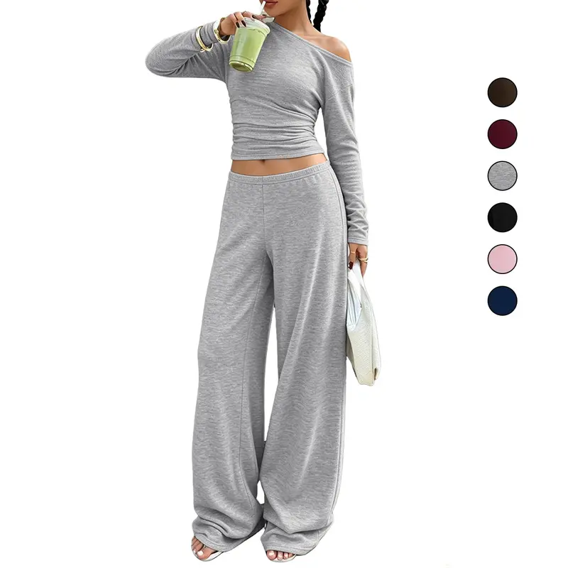 Women's 2-Piece Asymmetrical Off-Shoulder Long-Sleeve Crop Top & Elastic-Waist Wide-Leg Pants Set, Soft Stretchy Loungewear Tracksuit for Workout, Daily Wear