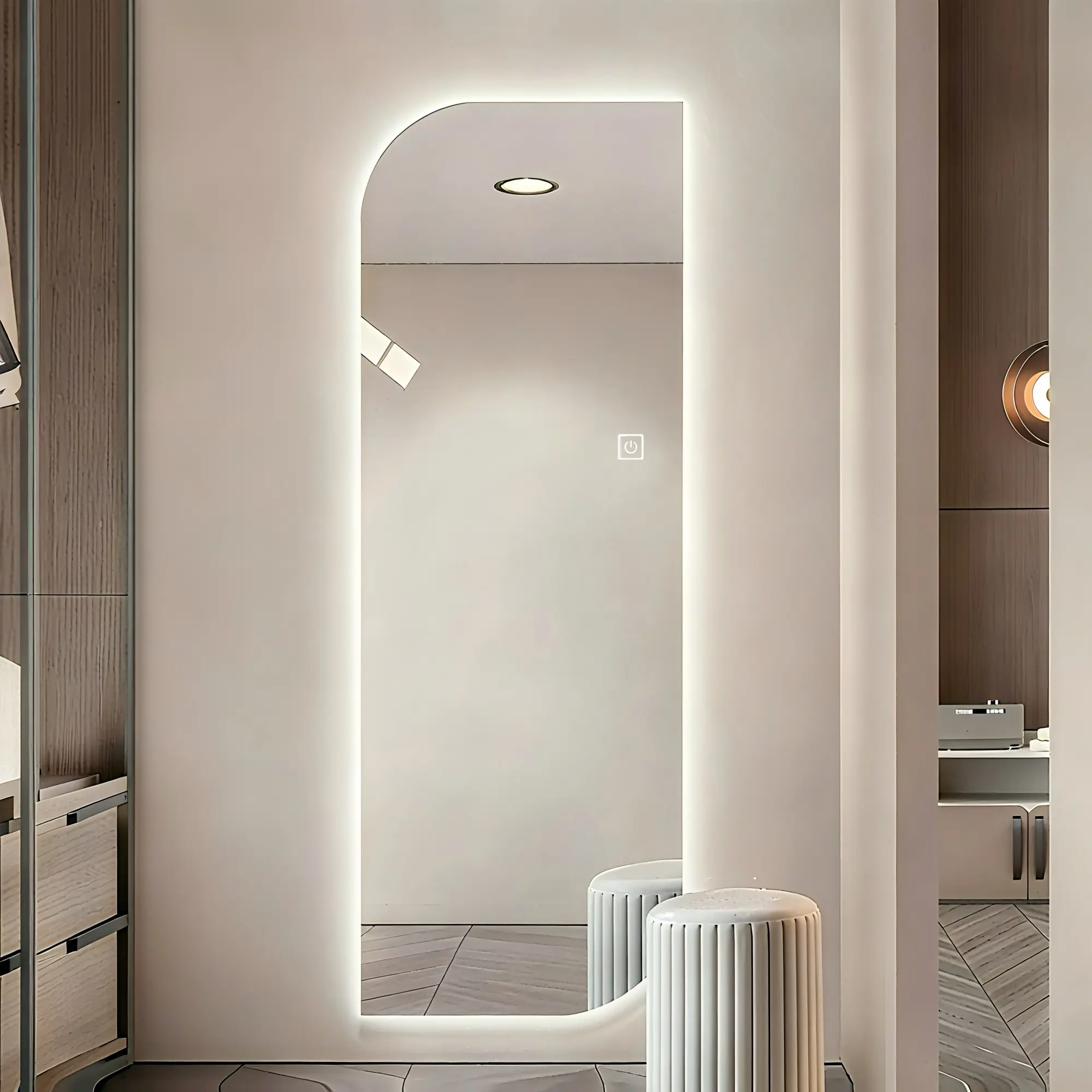 Nokaa 65x21 Inch LED Full Length Wall Mirror Irregular Shape Dimmable 3 Color Lighting 5mm Copper-Free Silver Glass Hardwired or Plug-in for Entryway Bedroom Salon Modern Style, Silver Color Options, Glass Material, Modern Style, Product Dimensions: